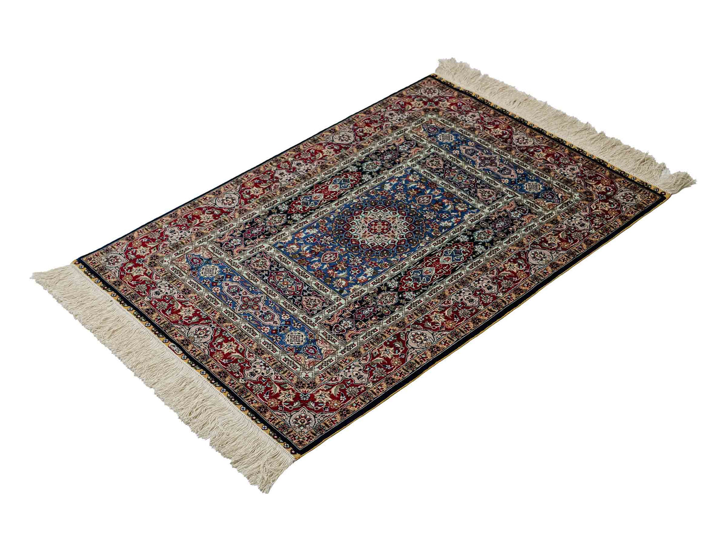 Sehr feiner, handgeknüpfter Khademi Orientteppich mit Ghom Design aus reiner Seide, blau, multicolor. 95x62 cm. Vertrieb durch Jupiter Intl.