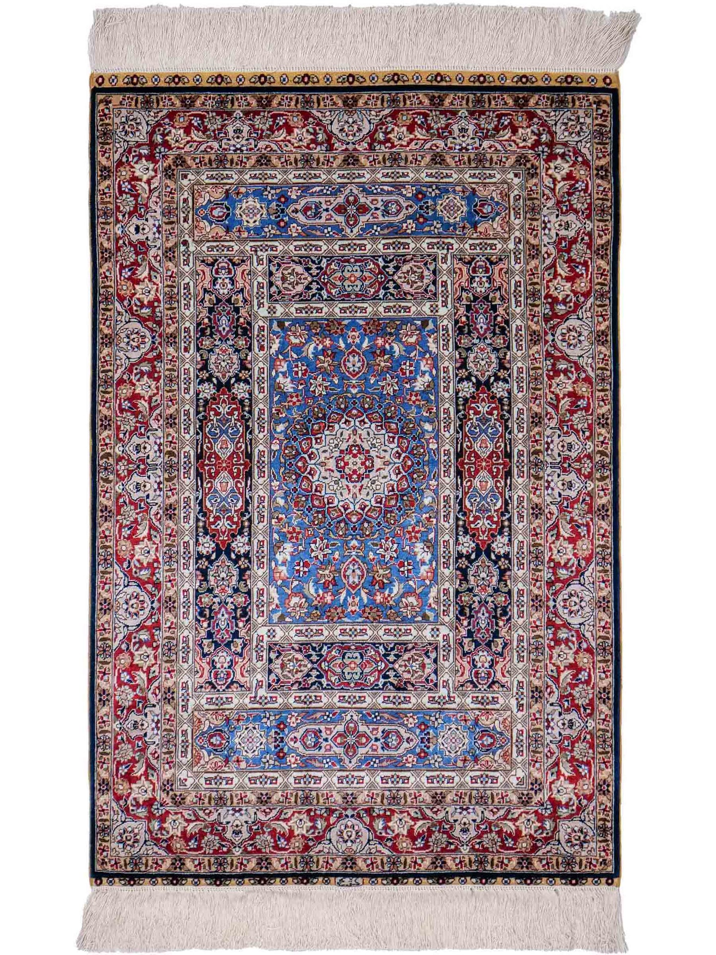 Sehr feiner, handgeknüpfter Khademi Orientteppich mit Ghom Design aus reiner Seide, blau, multicolor. 96x62 cm. Vertrieb durch Jupiter Intl.