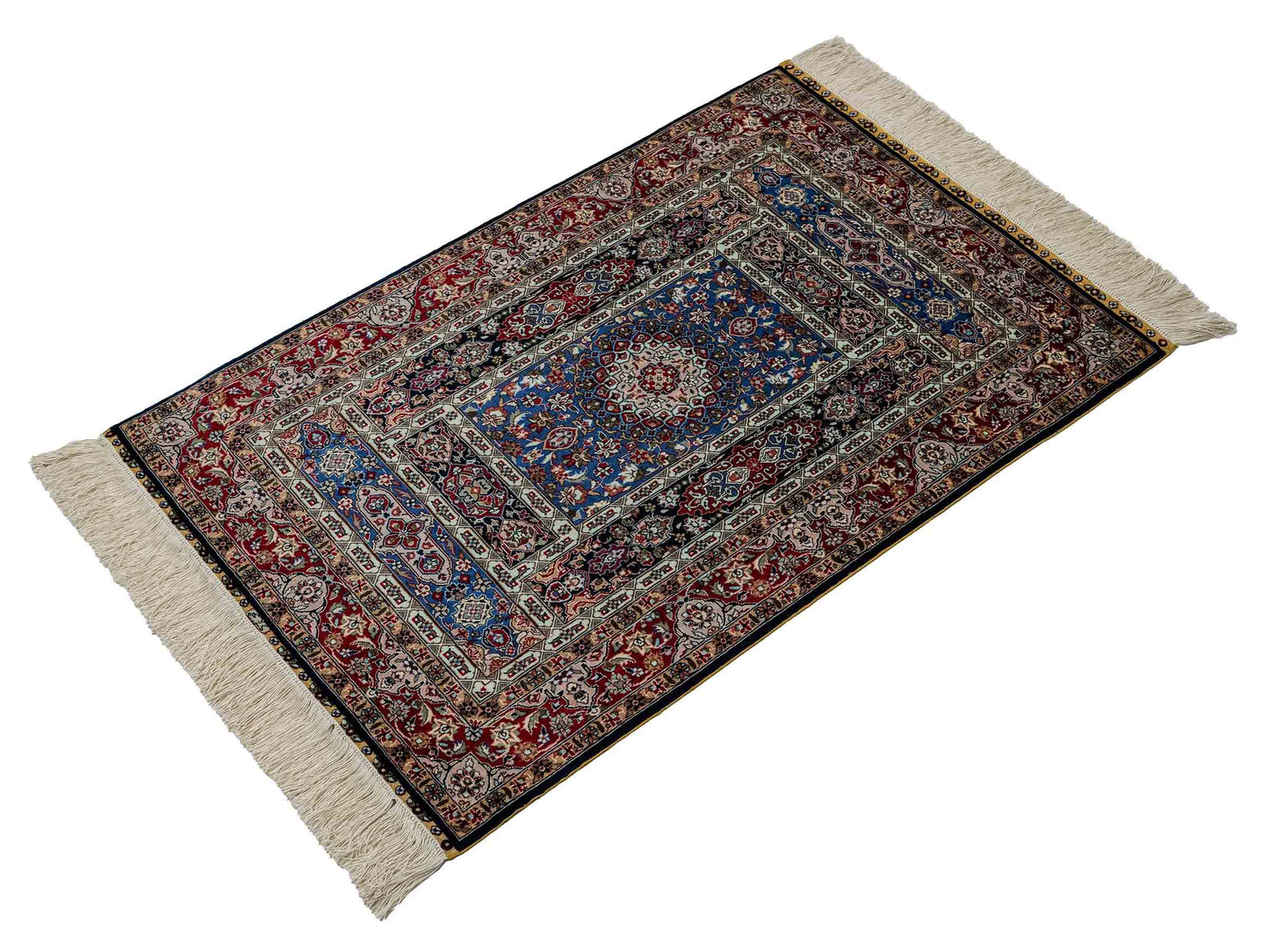 Sehr feiner, handgeknüpfter Khademi Orientteppich mit Ghom Design aus reiner Seide, blau, multicolor. 96x62 cm. Vertrieb durch Jupiter Intl.