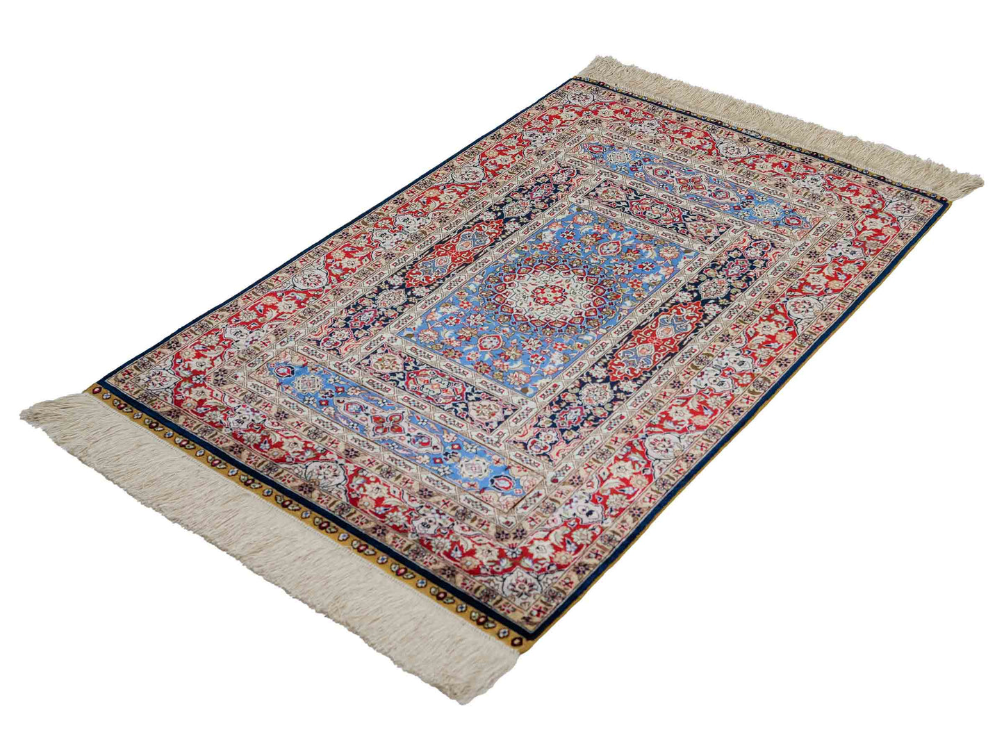 Sehr feiner, handgeknüpfter Khademi Orientteppich mit Ghom Design aus reiner Seide, blau, multicolor. 96x62 cm. Vertrieb durch Jupiter Intl.