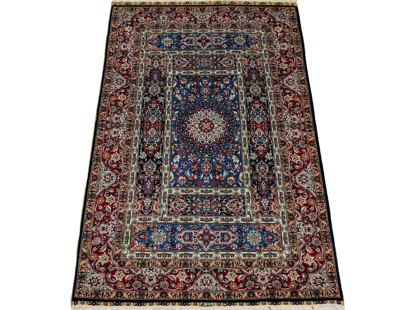 Sehr feiner, handgeknüpfter Khademi Orientteppich mit Ghom Design aus reiner Seide, blau, multicolor. 96x62 cm. Vertrieb durch Jupiter Intl.