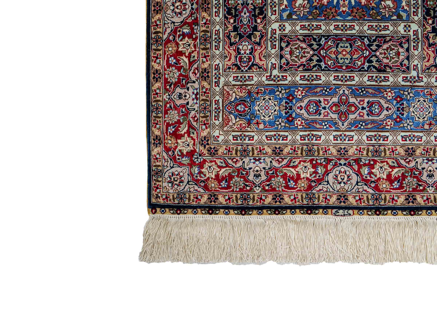 Sehr feiner, handgeknüpfter Khademi Orientteppich mit Ghom Design aus reiner Seide, blau, multicolor. 96x62 cm. Vertrieb durch Jupiter Intl.