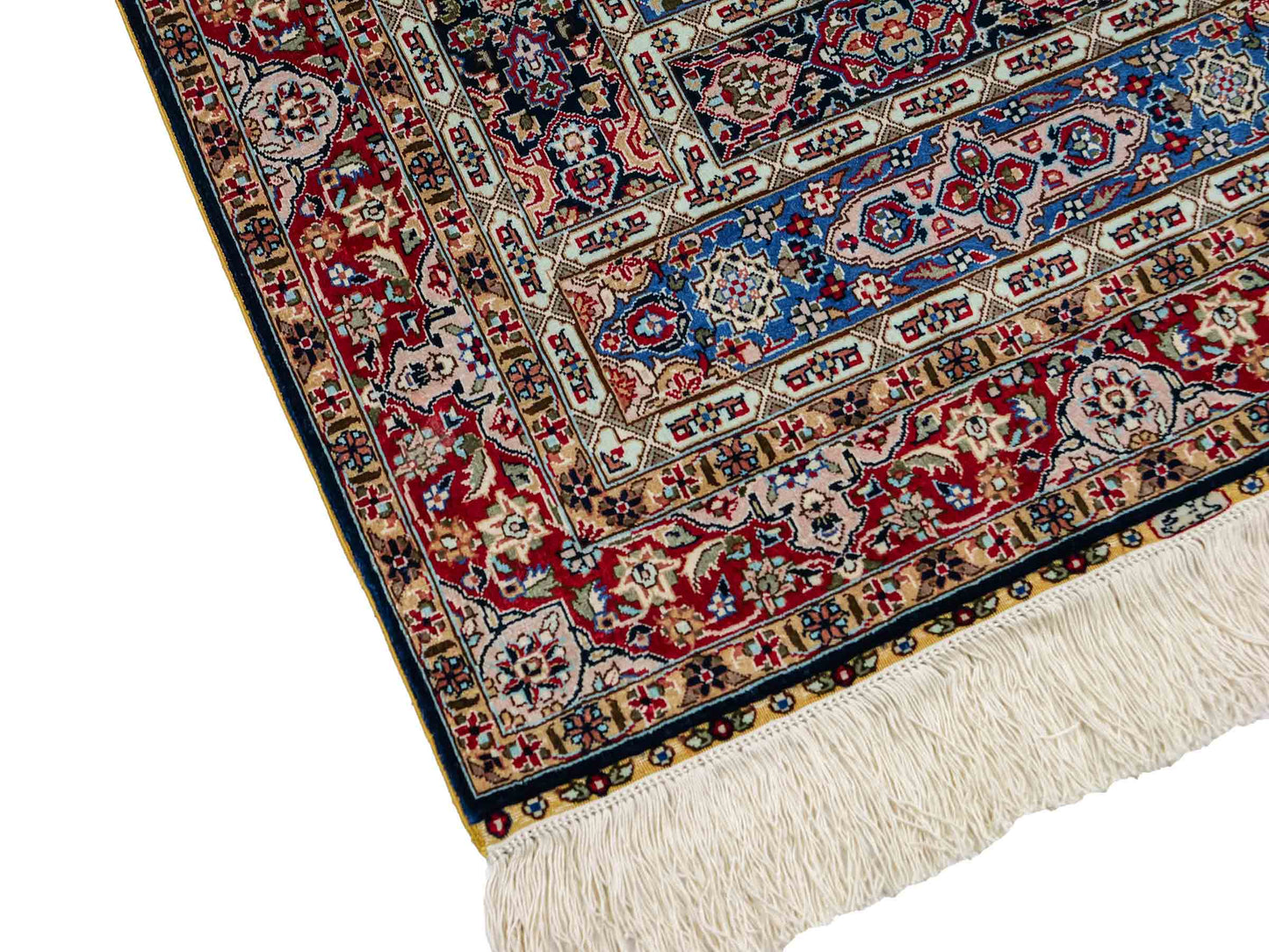 Sehr feiner, handgeknüpfter Khademi Orientteppich mit Ghom Design aus reiner Seide, blau, multicolor. 96x62 cm. Vertrieb durch Jupiter Intl.
