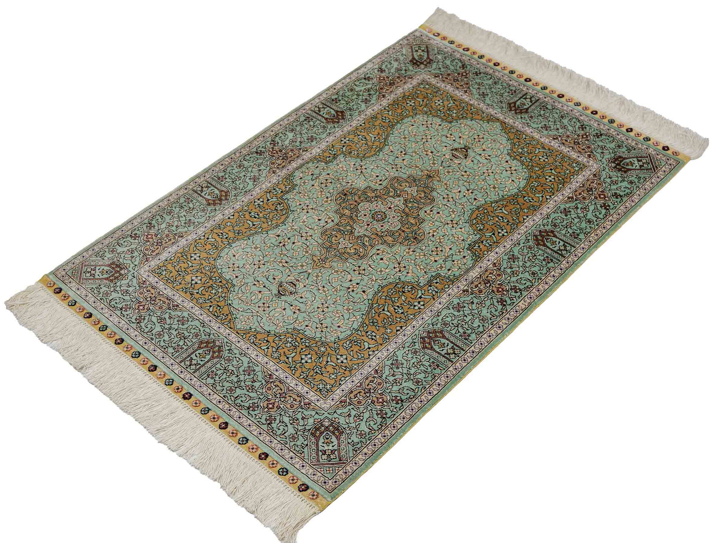 Sehr feiner, handgeknüpfter Khademi Orientteppich mit Ghom Design aus reiner Seide, blau, gelb. 97x63 cm. Vertrieb durch Jupiter Intl.