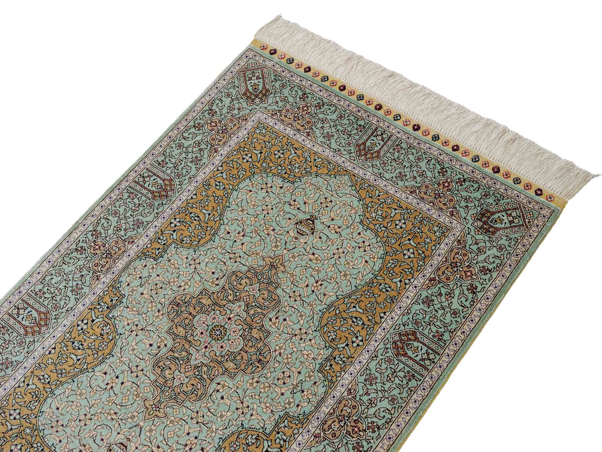 Sehr feiner, handgeknüpfter Khademi Orientteppich mit Ghom Design aus reiner Seide, blau, gelb. 97x63 cm. Vertrieb durch Jupiter Intl.