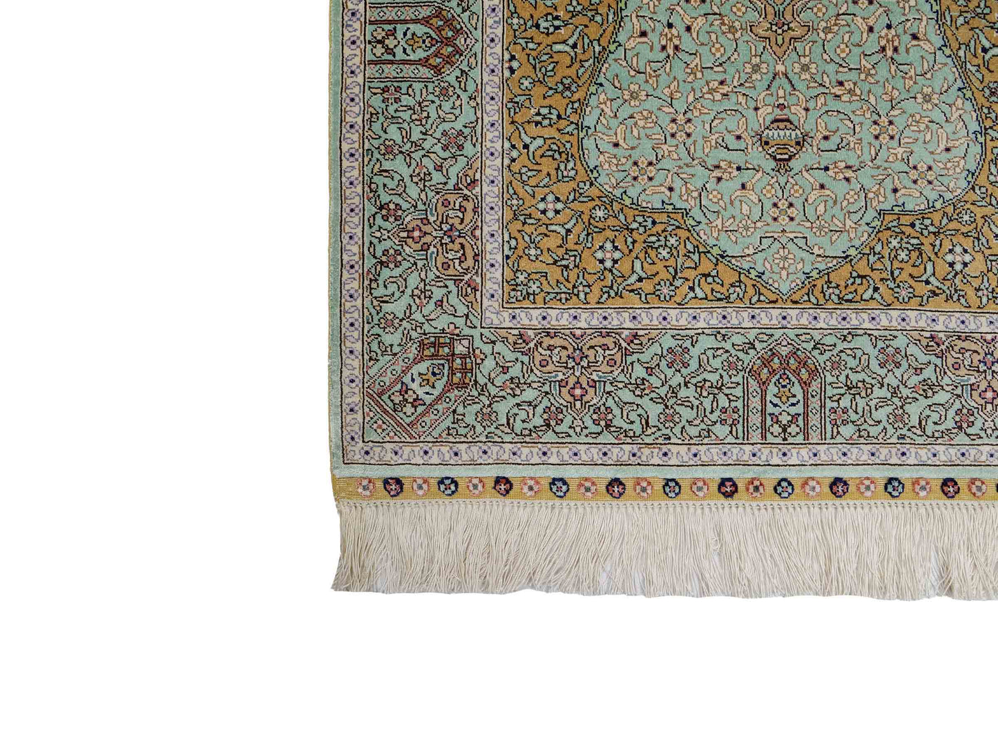 Sehr feiner, handgeknüpfter Khademi Orientteppich mit Ghom Design aus reiner Seide, blau, gelb. 97x63 cm. Vertrieb durch Jupiter Intl.