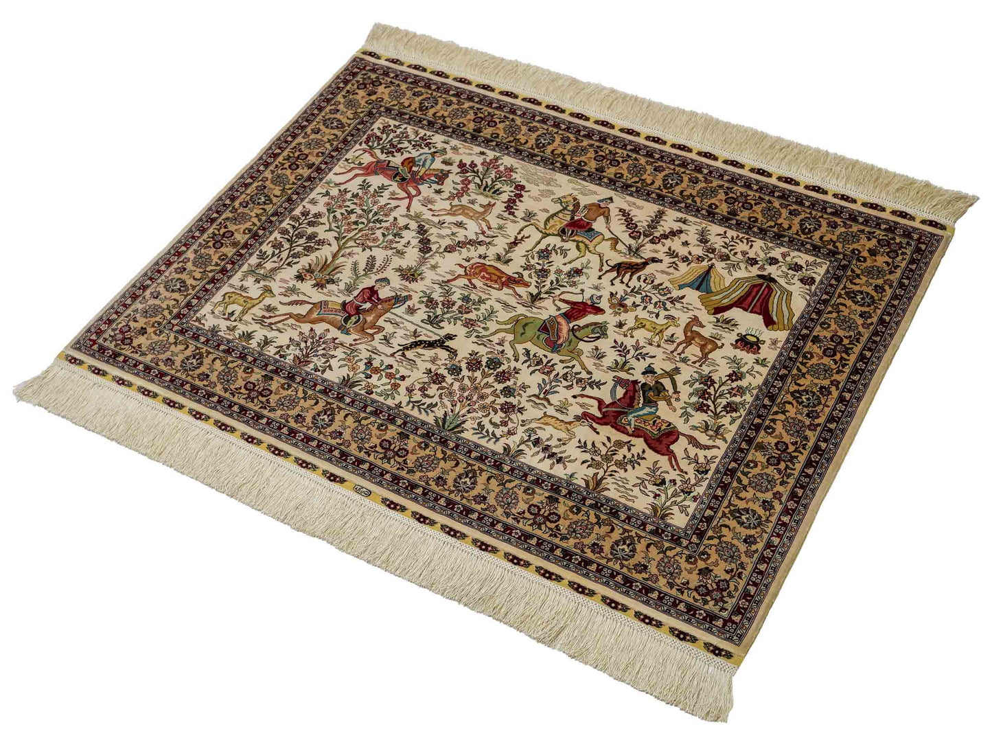 Extrem feiner, handgeknüpfter Khademi Ghom Orientteppich aus purer Seide, weiß, creme. 97x75 cm. Verkauf durch Jupiter Intl.