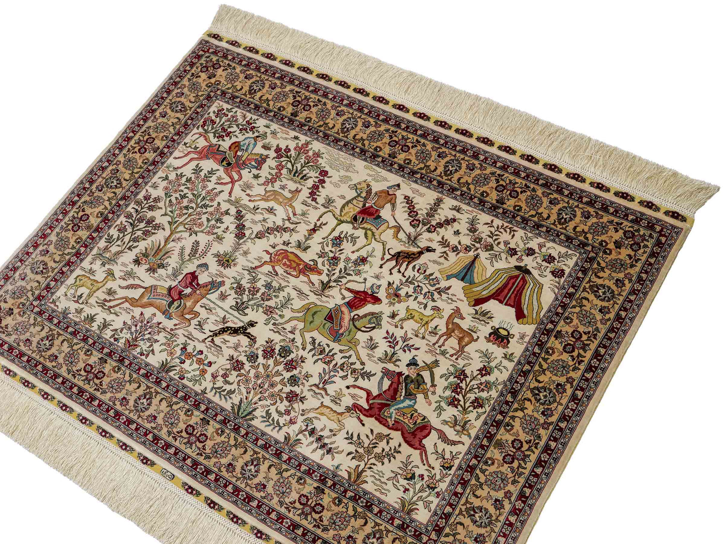 Extrem feiner, handgeknüpfter Khademi Ghom Orientteppich aus purer Seide, weiß, creme. 97x75 cm. Verkauf durch Jupiter Intl.