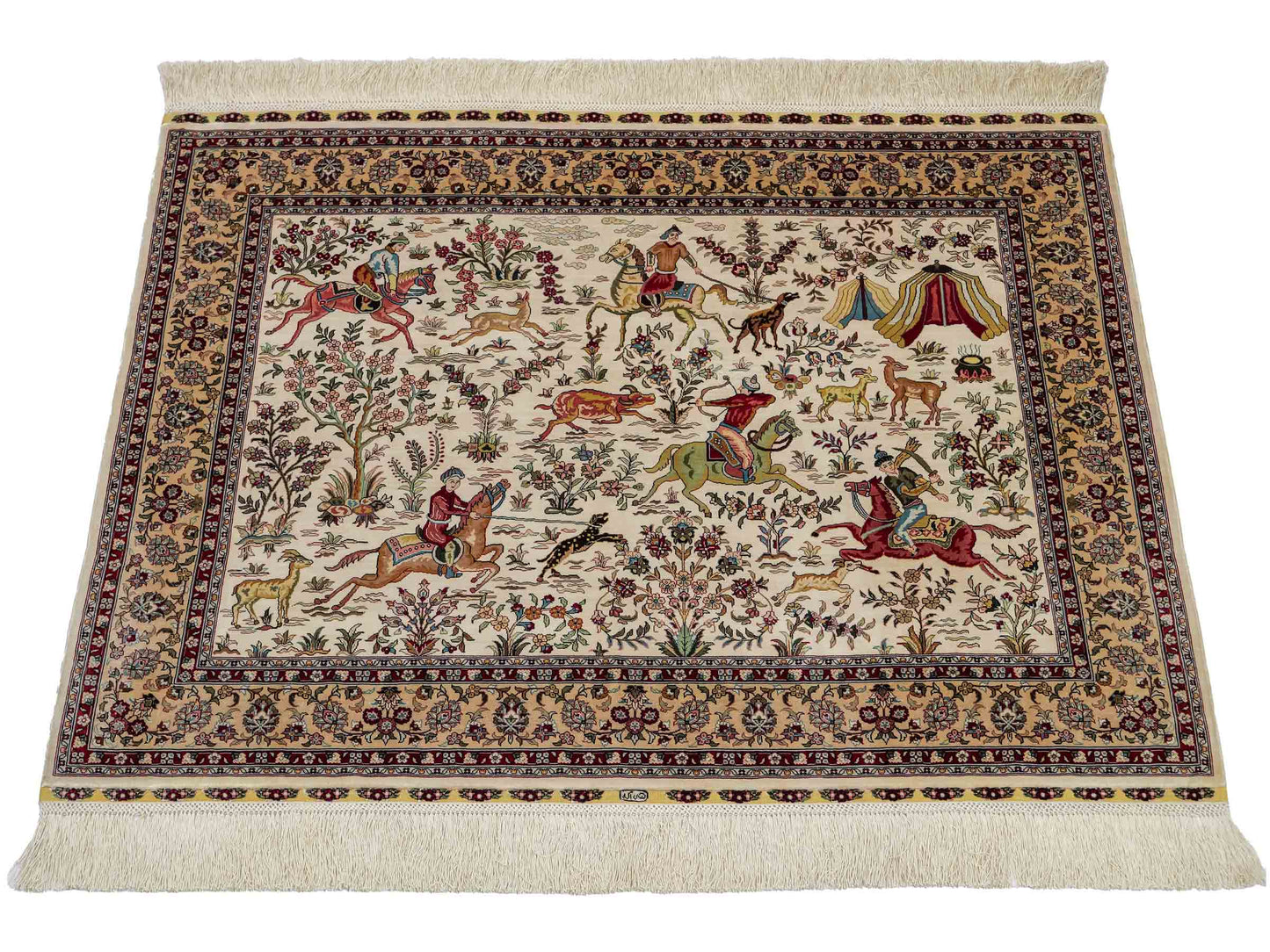 Extrem feiner, handgeknüpfter Khademi Ghom Orientteppich aus purer Seide, weiß, creme. 97x75 cm. Verkauf durch Jupiter Intl.