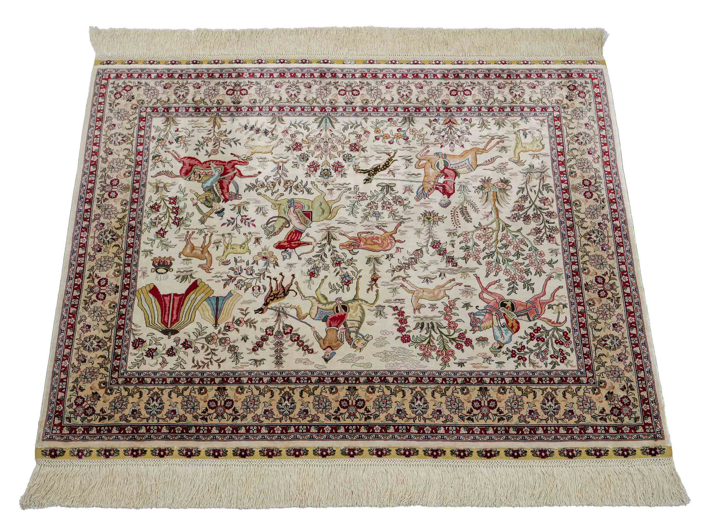 Extrem feiner, handgeknüpfter Khademi Ghom Orientteppich aus purer Seide, weiß, creme. 97x75 cm. Verkauf durch Jupiter Intl.