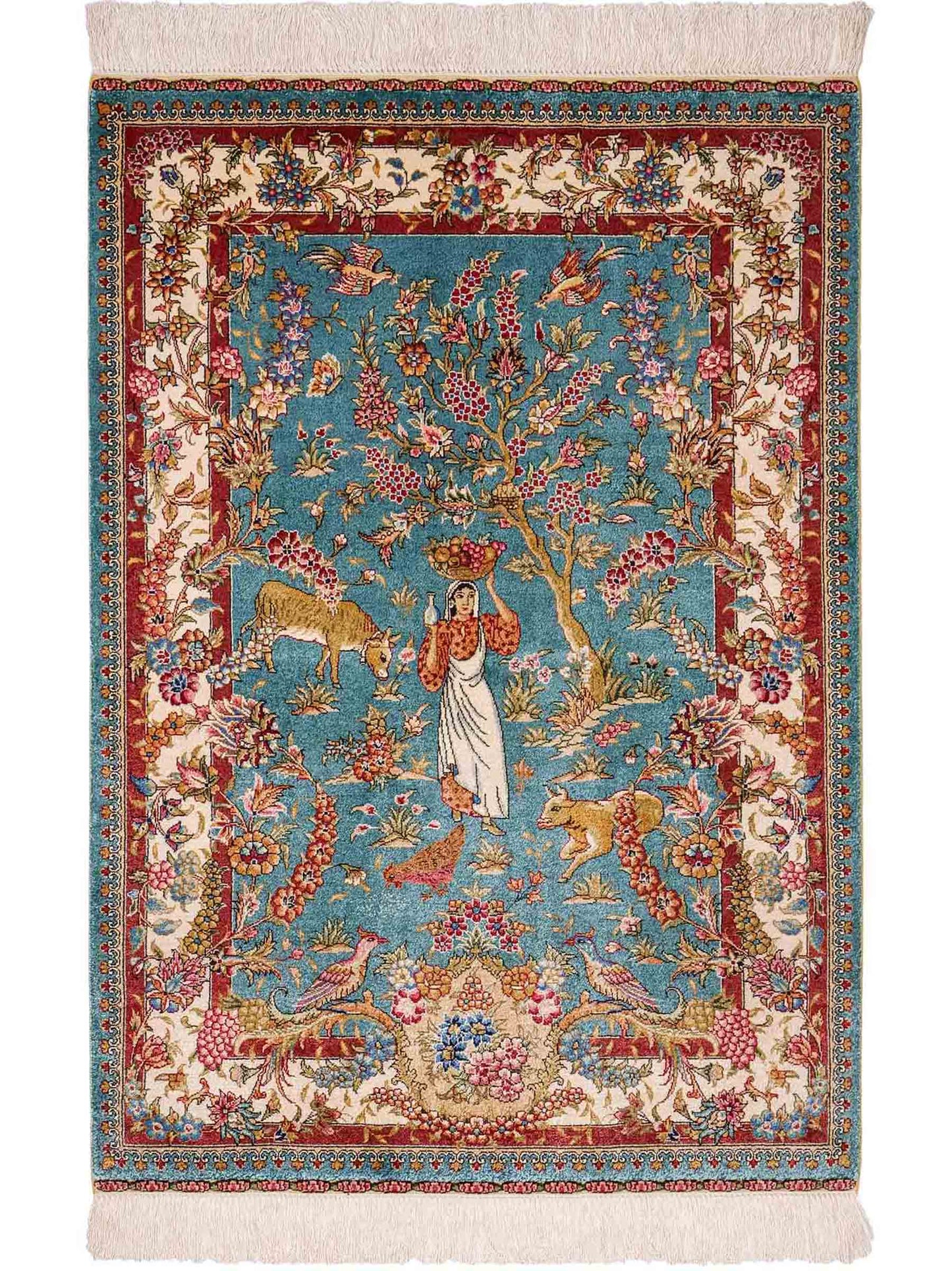Sehr feiner, handgeknüpfter Khademi Orientteppich mit Hereke Design aus reiner Seide, blau, creme, rot. 112x78 cm. Vertrieb durch Jupiter Intl.