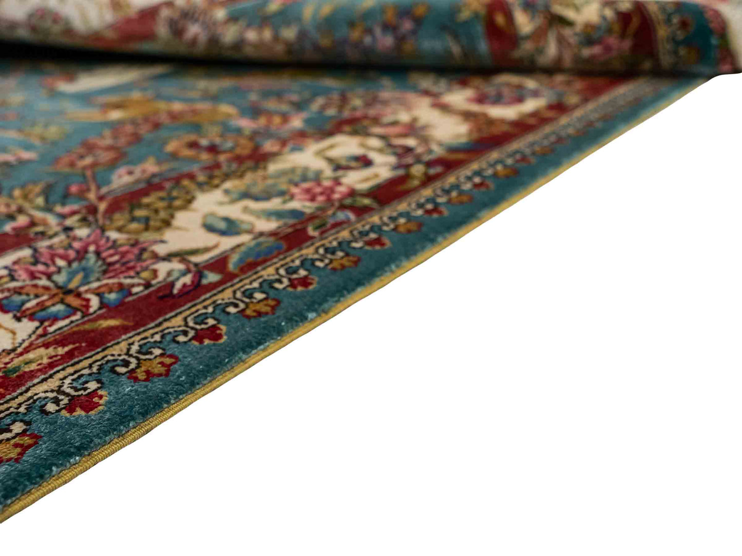 Sehr feiner, handgeknüpfter Khademi Orientteppich mit Hereke Design aus reiner Seide, blau, creme, rot. 112x78 cm. Vertrieb durch Jupiter Intl.
