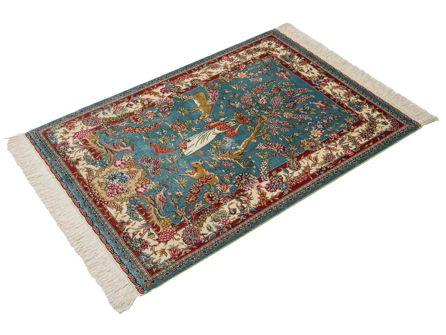 Sehr feiner, handgeknüpfter Khademi Orientteppich mit Hereke Design aus reiner Seide, blau, creme, rot. 112x78 cm. Vertrieb durch Jupiter Intl.