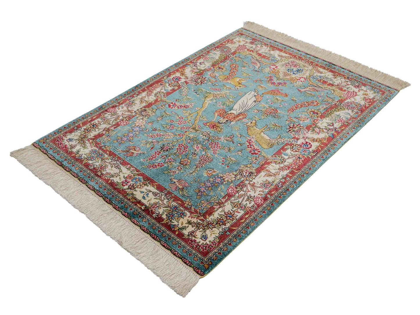 Sehr feiner, handgeknüpfter Khademi Orientteppich mit Hereke Design aus reiner Seide, blau, creme, rot. 112x78 cm. Vertrieb durch Jupiter Intl.