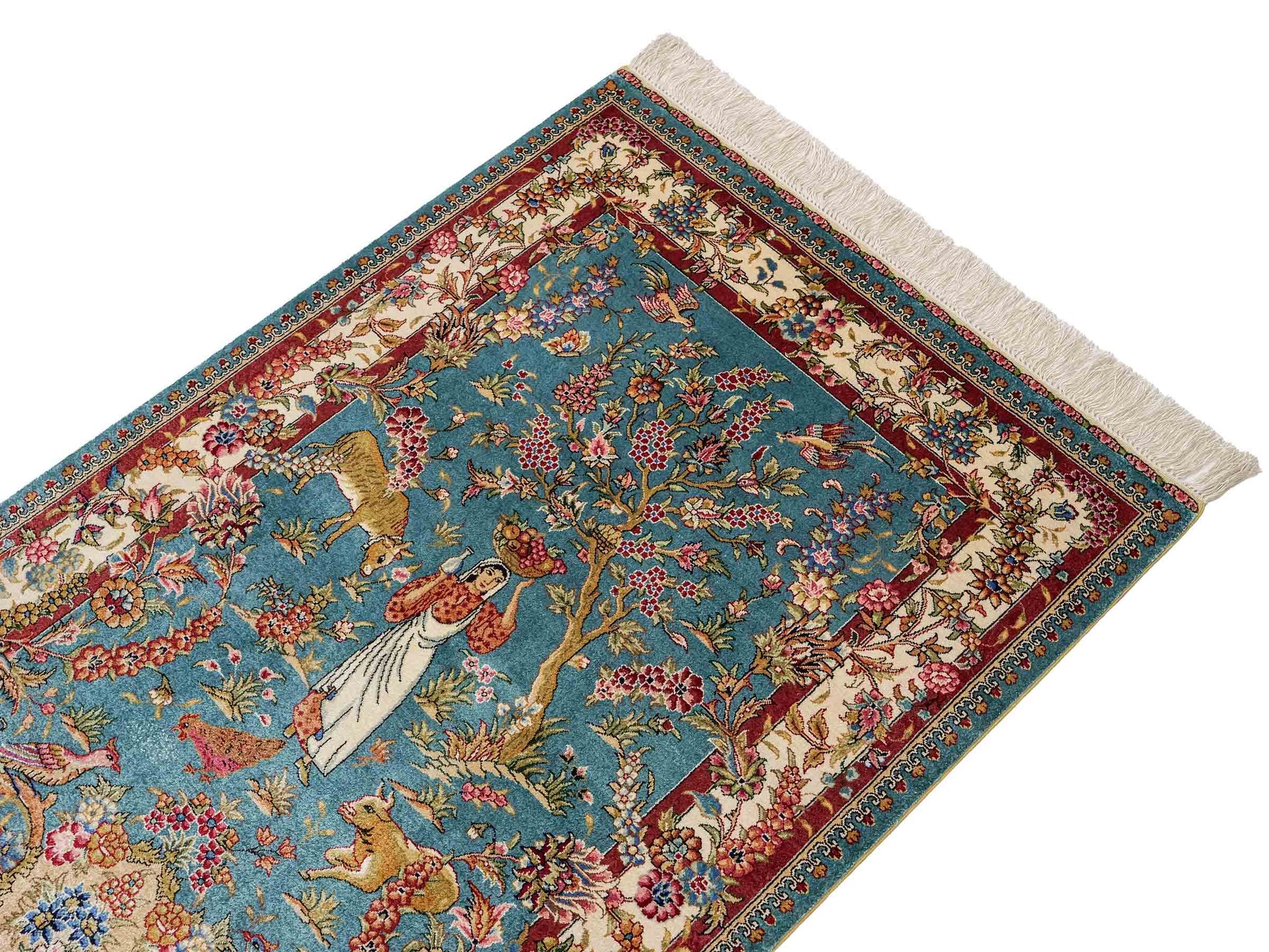 Sehr feiner, handgeknüpfter Khademi Orientteppich mit Hereke Design aus reiner Seide, blau, creme, rot. 112x78 cm. Vertrieb durch Jupiter Intl.