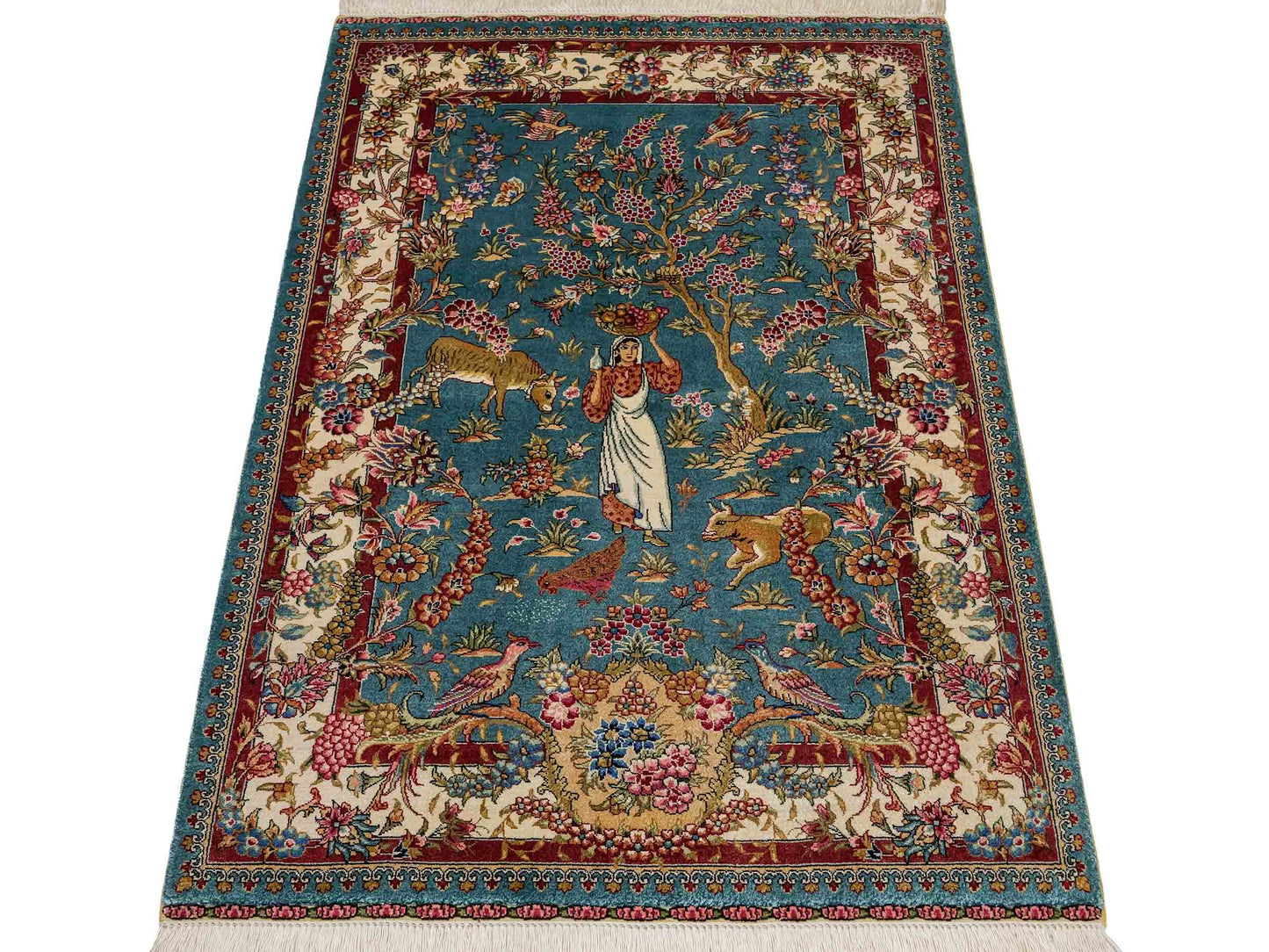 Sehr feiner, handgeknüpfter Khademi Orientteppich mit Hereke Design aus reiner Seide, blau, creme, rot. 112x78 cm. Vertrieb durch Jupiter Intl.