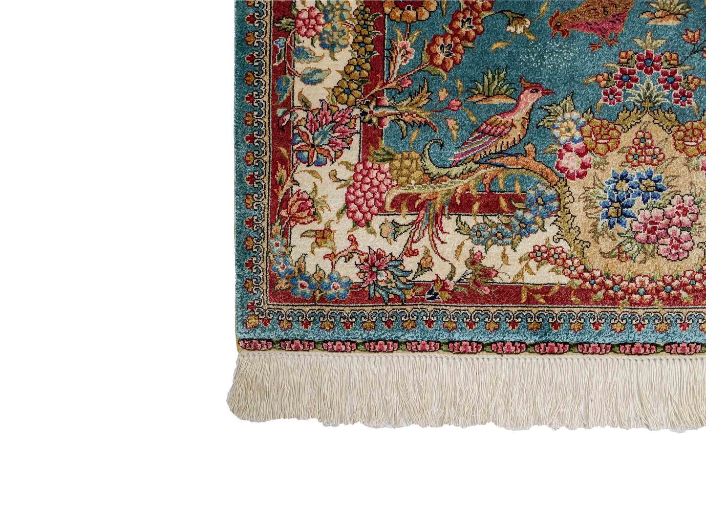 Sehr feiner, handgeknüpfter Khademi Orientteppich mit Hereke Design aus reiner Seide, blau, creme, rot. 112x78 cm. Vertrieb durch Jupiter Intl.