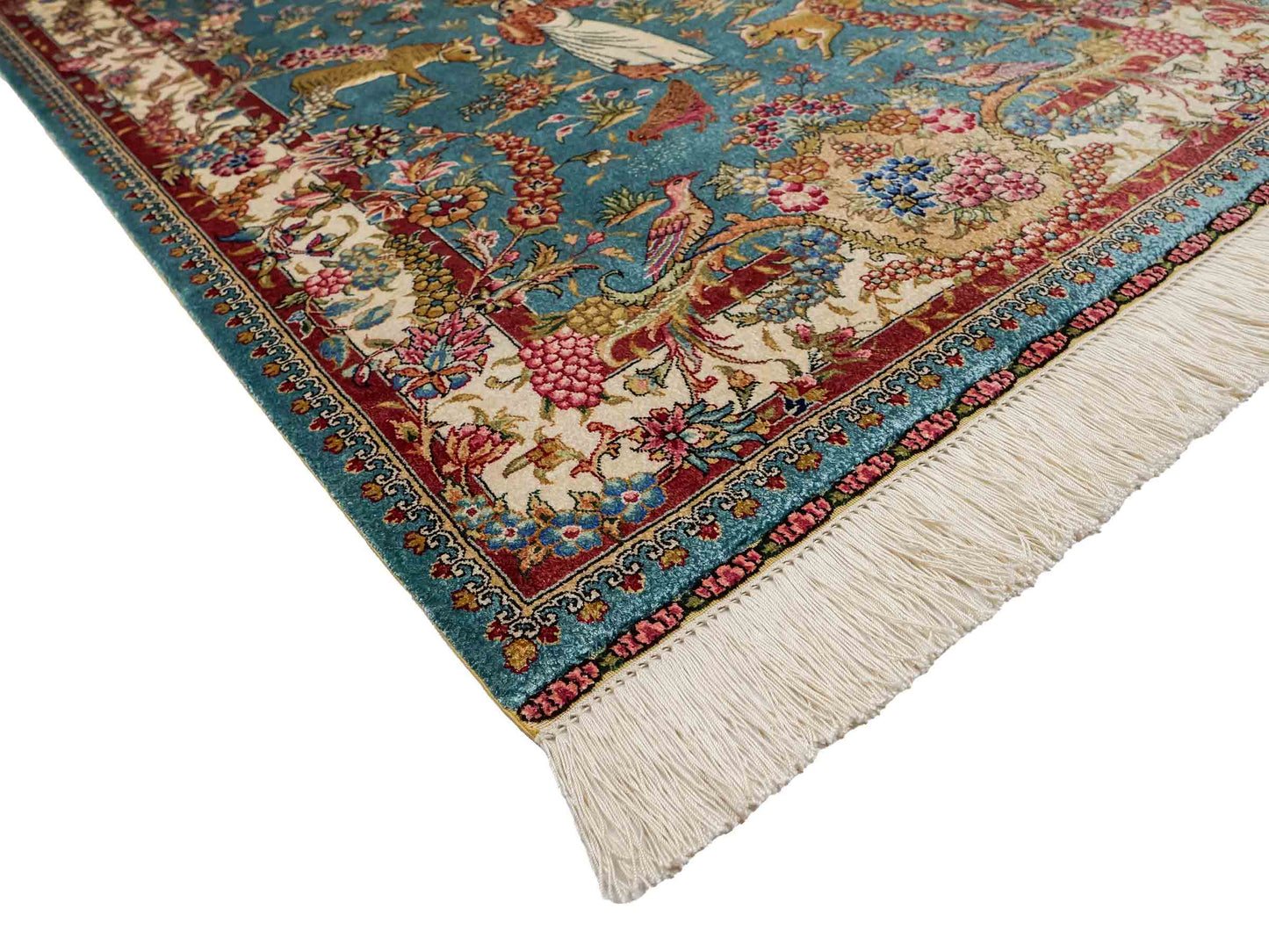 Sehr feiner, handgeknüpfter Khademi Orientteppich mit Hereke Design aus reiner Seide, blau, creme, rot. 112x78 cm. Vertrieb durch Jupiter Intl.