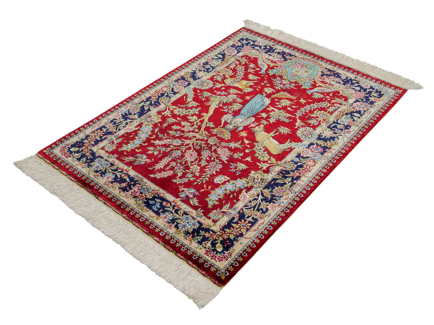 Sehr feiner, handgeknüpfter Khademi Orientteppich mit Hereke Design aus reiner Seide, rot, blau. Vertrieb durch Jupiter Intl.