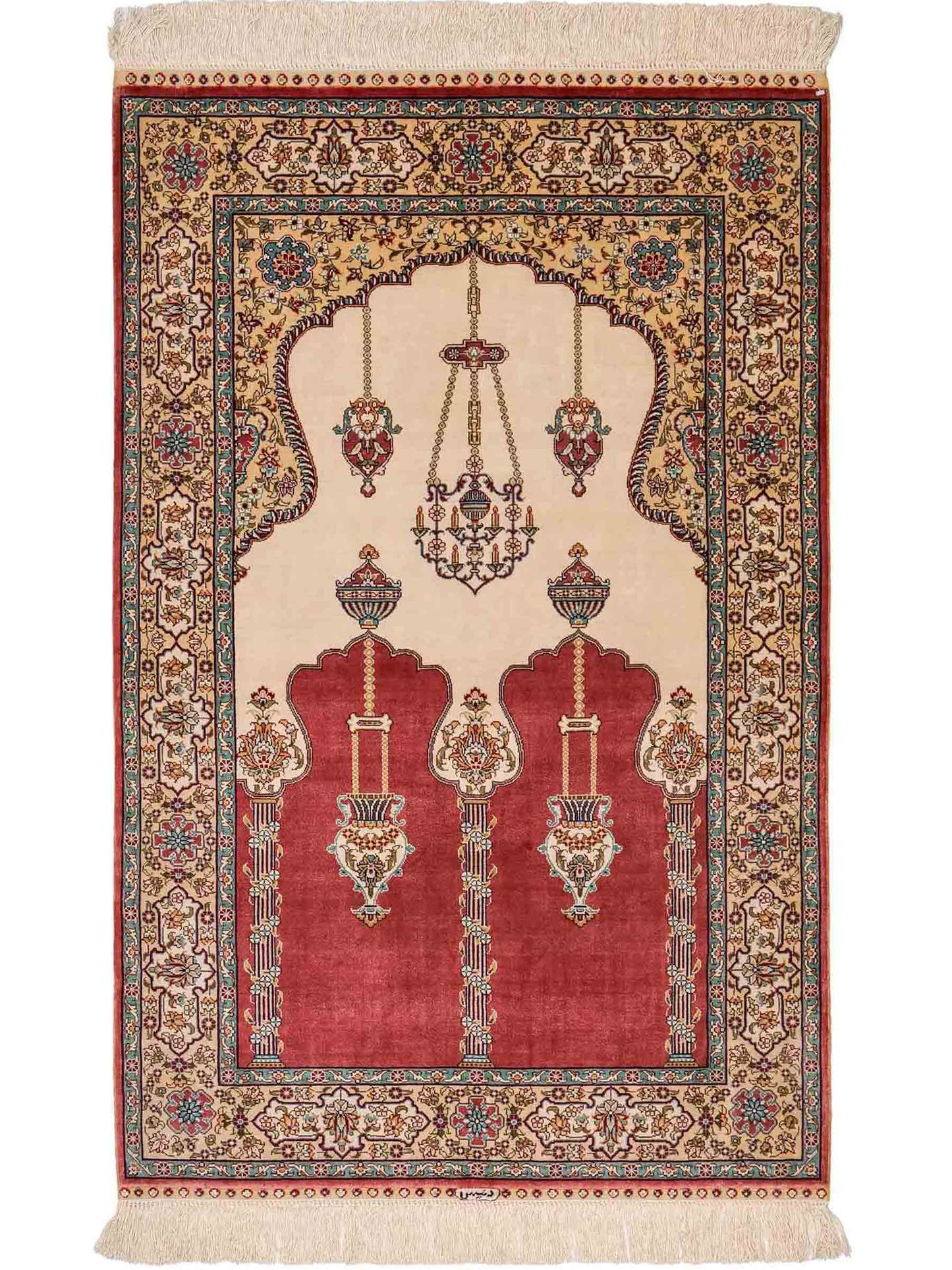 Sehr feiner, handgeknüpfter Khademi Orientteppich mit Hereke Design aus reiner Seide, rot, creme. 121x78 cm. Vertrieb durch Jupiter Intl.