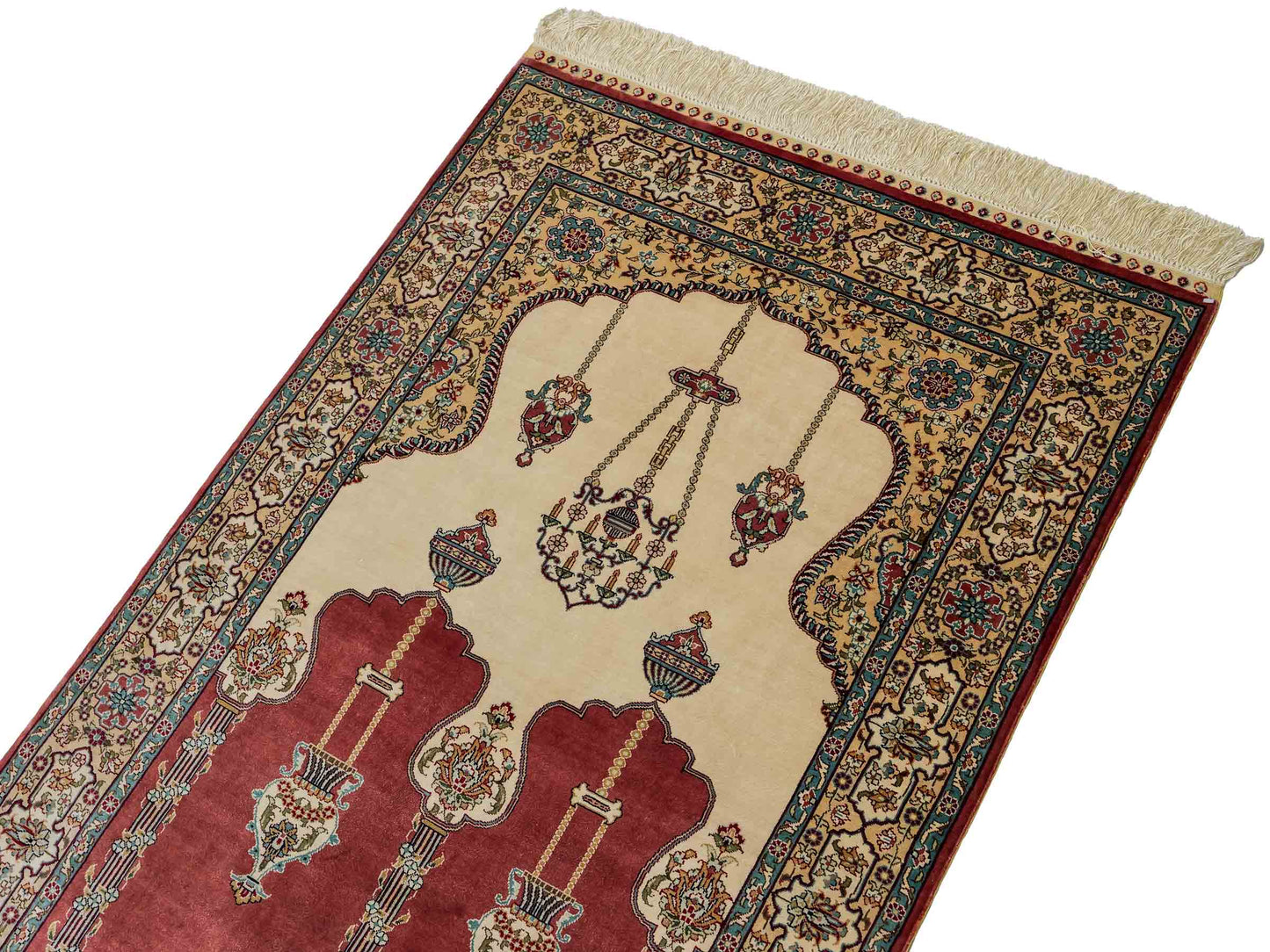 Sehr feiner, handgeknüpfter Khademi Orientteppich mit Hereke Design aus reiner Seide, rot, creme. 121x78 cm. Vertrieb durch Jupiter Intl.