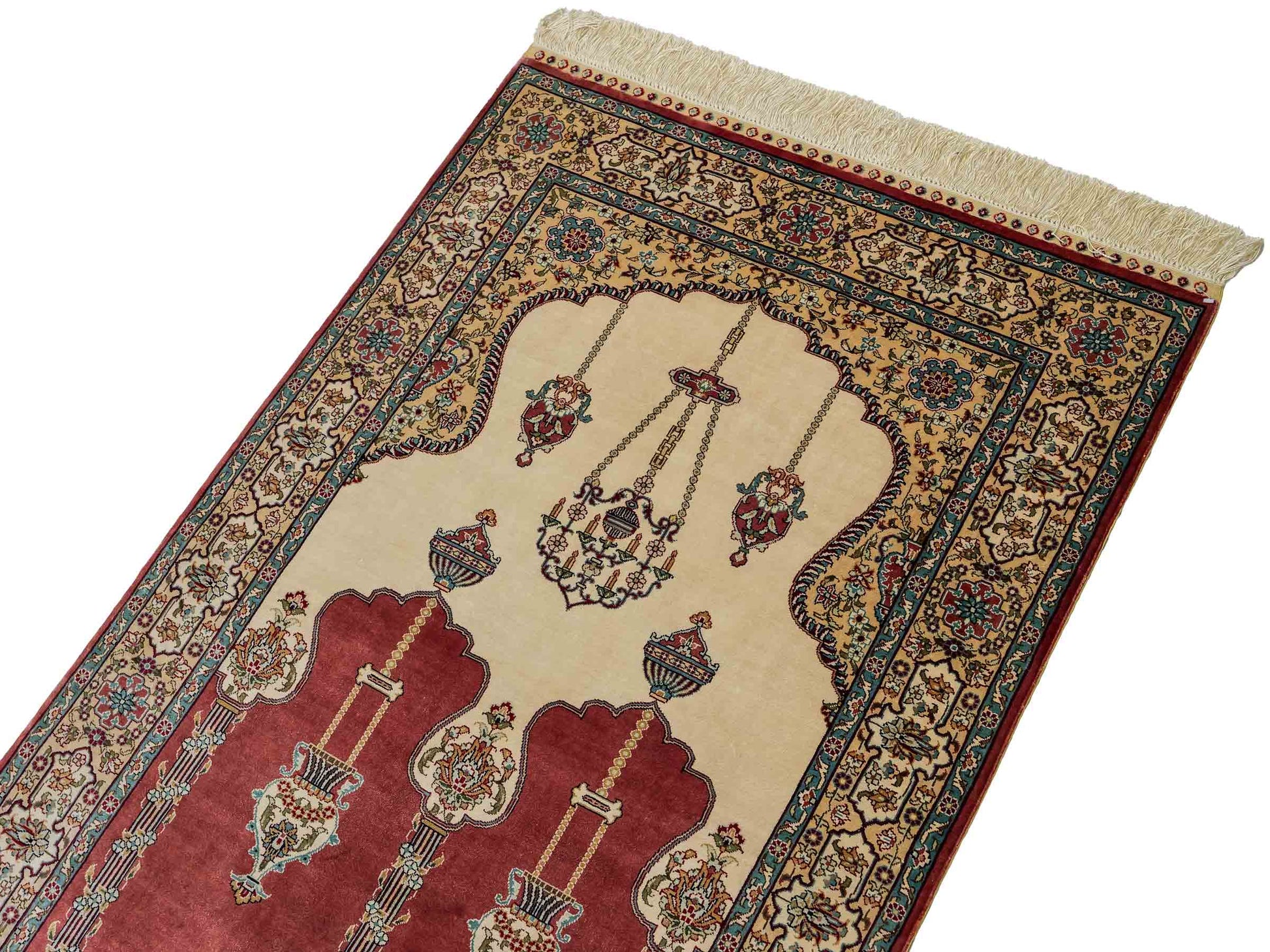 Sehr feiner, handgeknüpfter Khademi Orientteppich mit Hereke Design aus reiner Seide, rot, creme. 121x78 cm. Vertrieb durch Jupiter Intl.