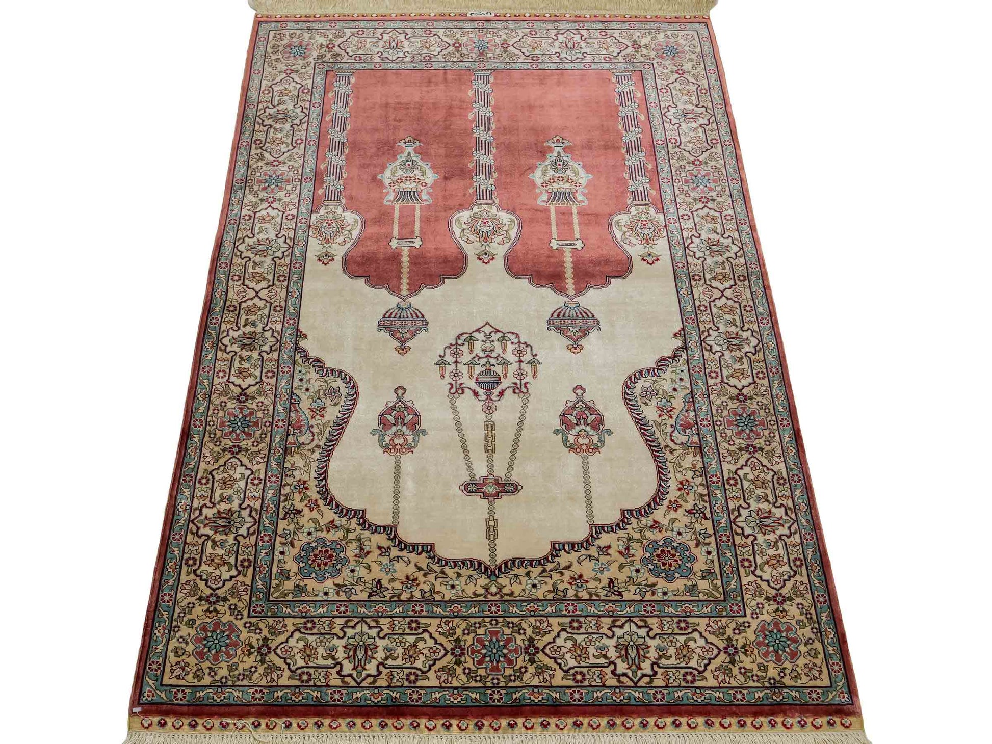Sehr feiner, handgeknüpfter Khademi Orientteppich mit Hereke Design aus reiner Seide, rot, creme. 121x78 cm. Vertrieb durch Jupiter Intl.
