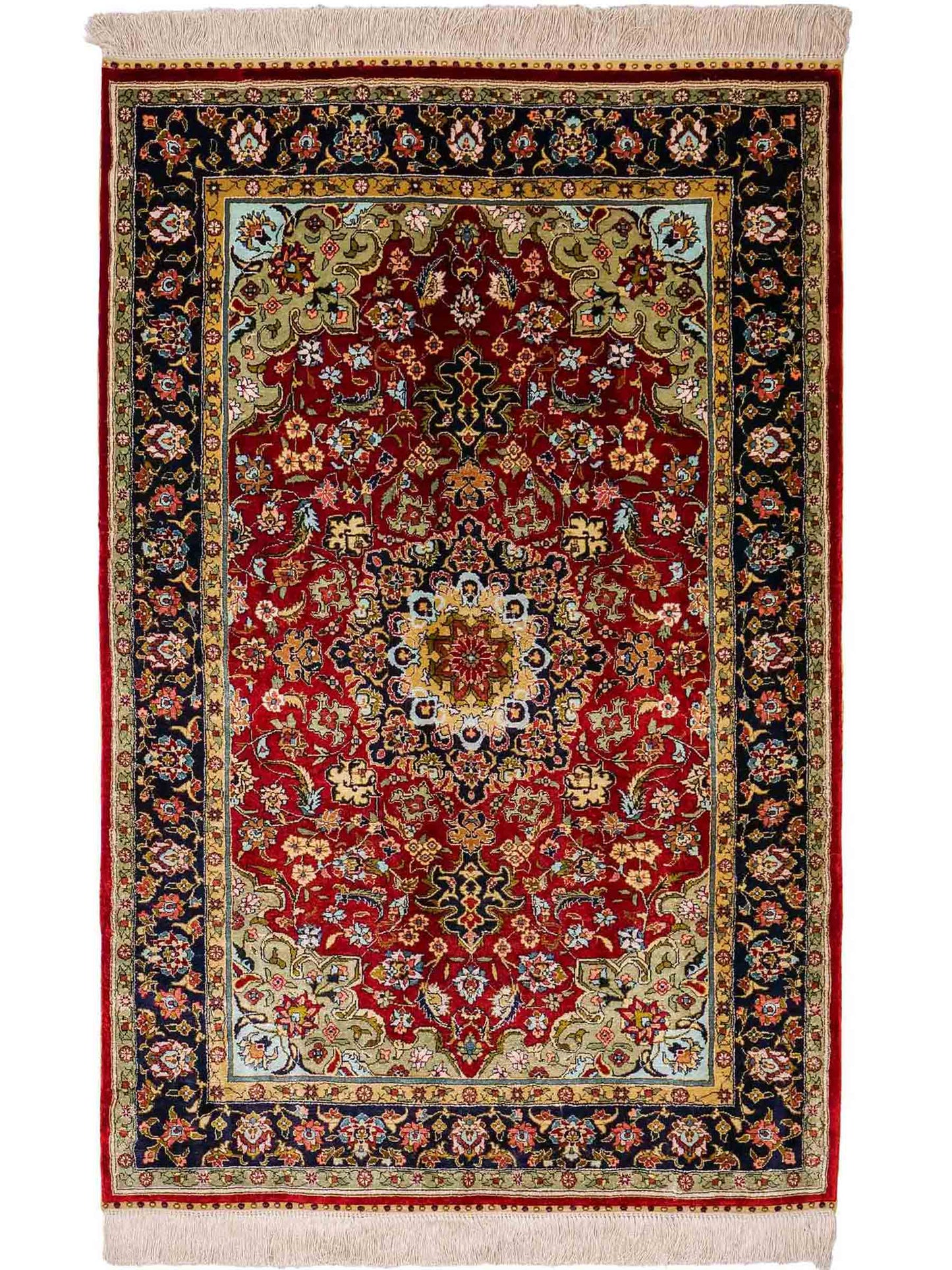 Sehr feiner, handgeknüpfter Khademi Orientteppich mit Hereke Design aus reiner Seide, rot, blau. 122x78 cm. Vertrieb durch Jupiter Intl.