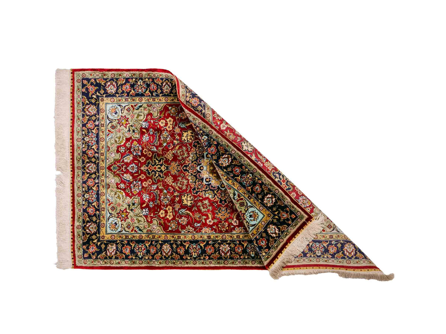 Sehr feiner, handgeknüpfter Khademi Orientteppich mit Hereke Design aus reiner Seide, rot, blau. 122x78 cm. Vertrieb durch Jupiter Intl.