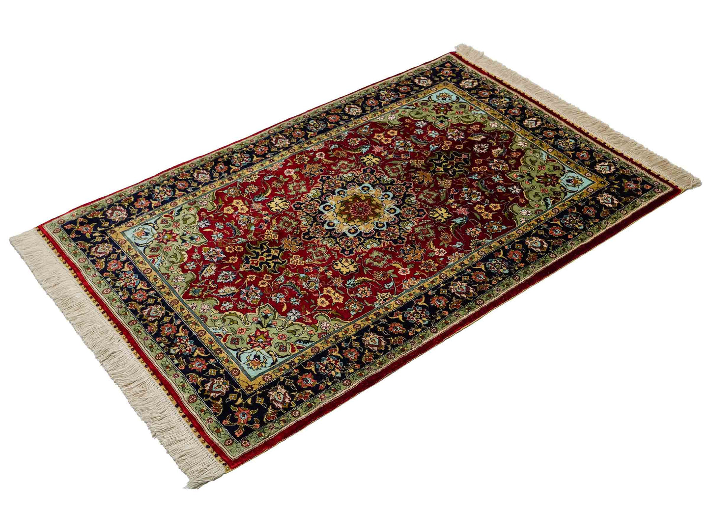 Sehr feiner, handgeknüpfter Khademi Orientteppich mit Hereke Design aus reiner Seide, rot, blau. 122x78 cm. Vertrieb durch Jupiter Intl.