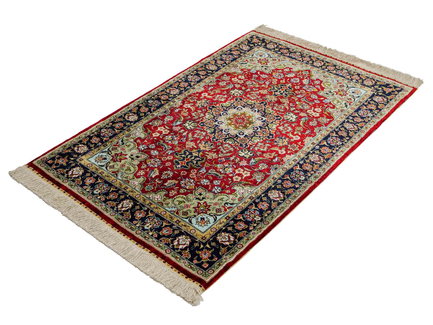 Sehr feiner, handgeknüpfter Khademi Orientteppich mit Hereke Design aus reiner Seide, rot, blau. 122x78 cm. Vertrieb durch Jupiter Intl.