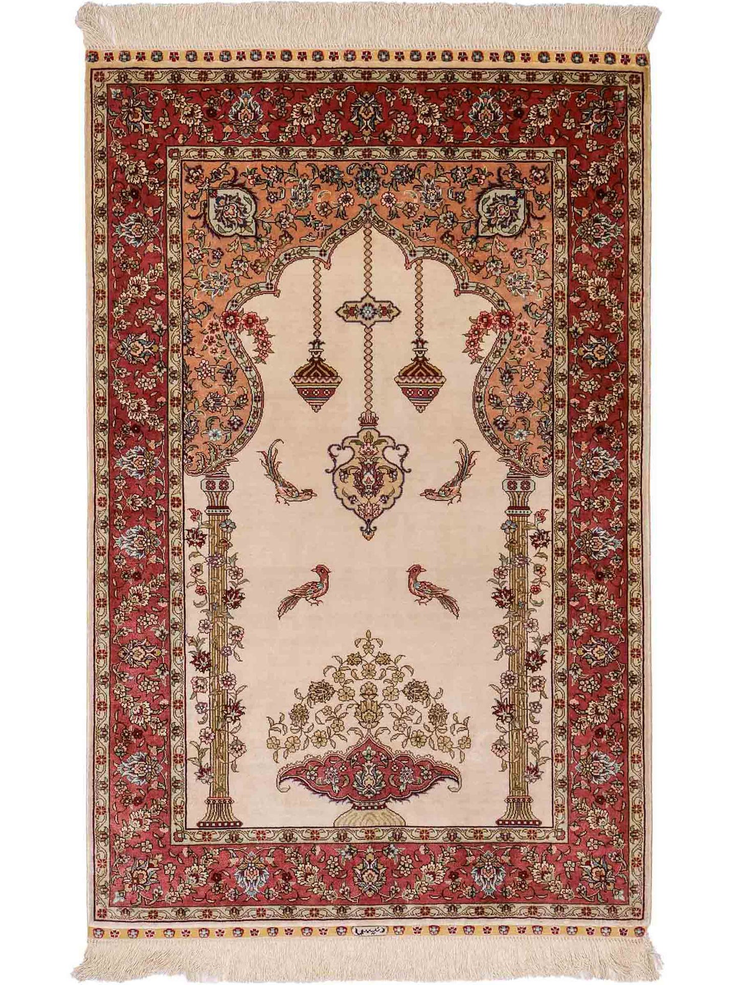 Sehr feiner, handgeknüpfter Khademi Orientteppich mit Hereke Design aus reiner Seide, creme, rosa. 123x78 cm. Vertrieb durch Jupiter Intl.