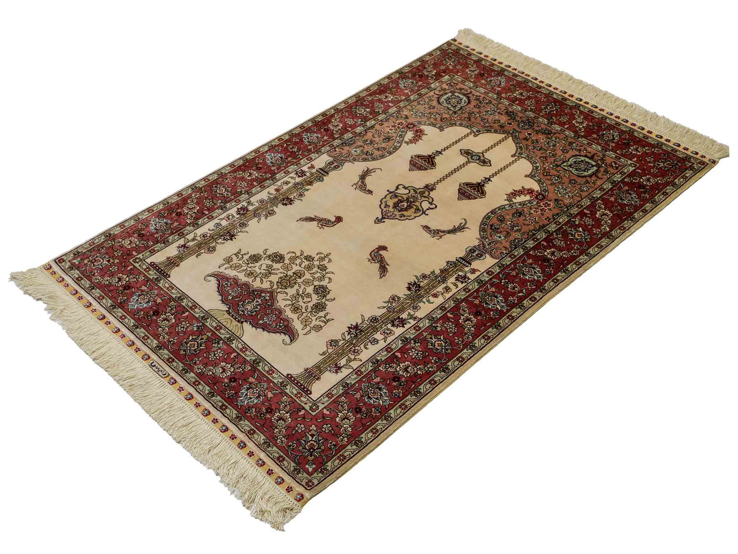 Sehr feiner, handgeknüpfter Khademi Orientteppich mit Hereke Design aus reiner Seide, creme, rosa. 123x78 cm. Vertrieb durch Jupiter Intl.