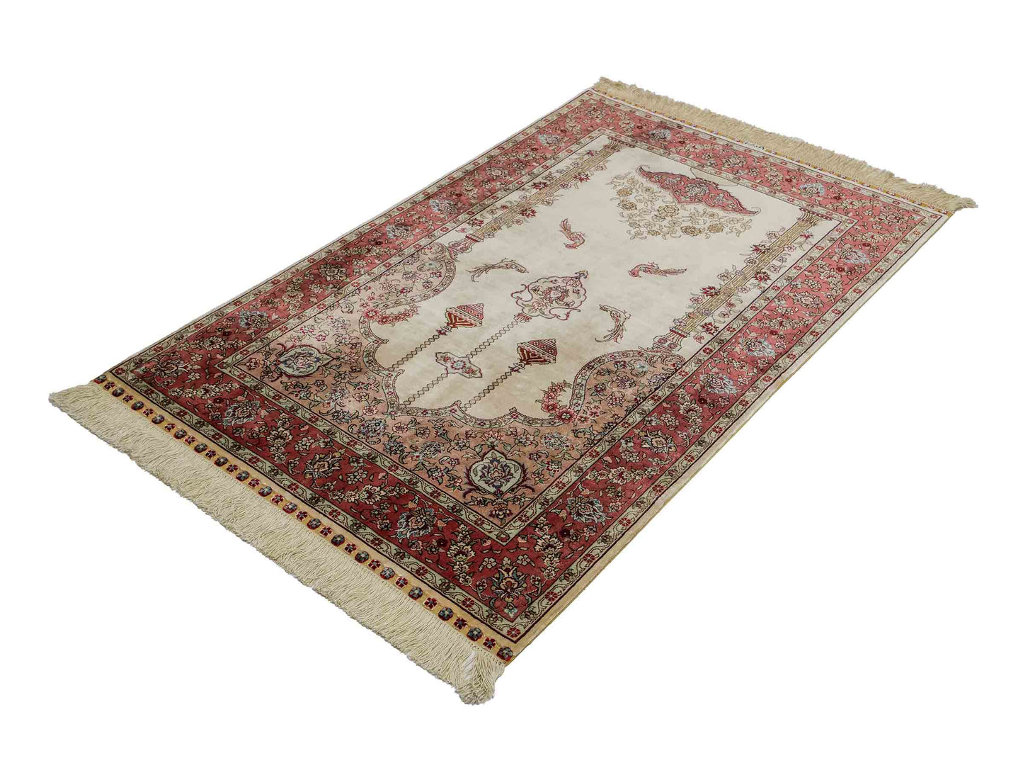 Sehr feiner, handgeknüpfter Khademi Orientteppich mit Hereke Design aus reiner Seide, creme, rosa. 123x78 cm. Vertrieb durch Jupiter Intl.