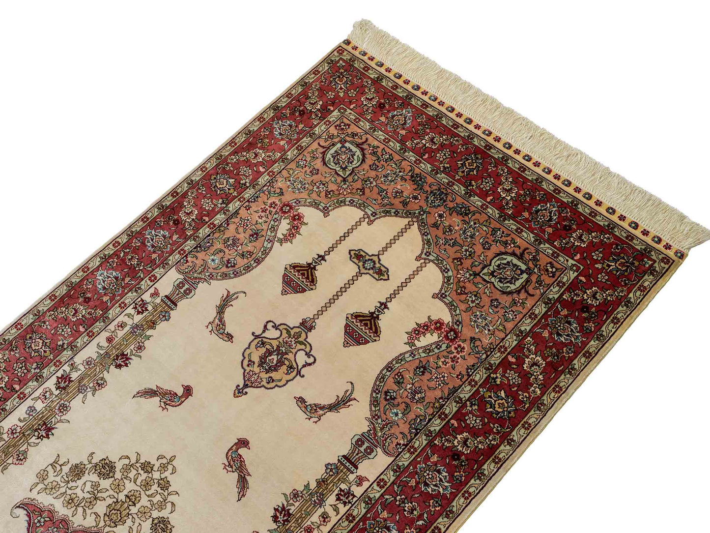 Sehr feiner, handgeknüpfter Khademi Orientteppich mit Hereke Design aus reiner Seide, creme, rosa. 123x78 cm. Vertrieb durch Jupiter Intl.