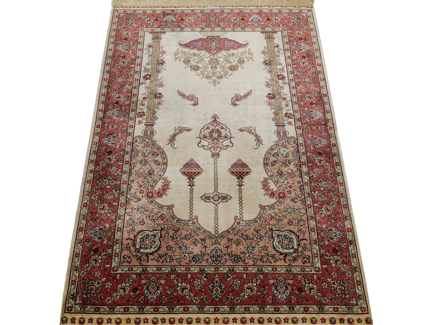 Sehr feiner, handgeknüpfter Khademi Orientteppich mit Hereke Design aus reiner Seide, creme, rosa. 123x78 cm. Vertrieb durch Jupiter Intl.