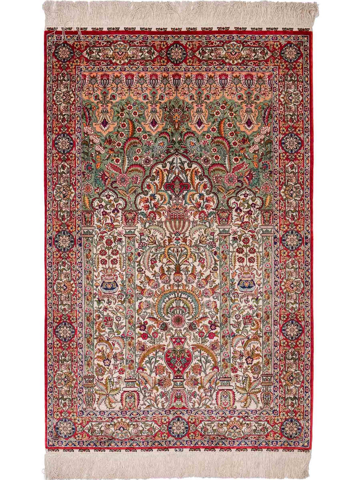 Sehr feiner, handgeknüpfter Khademi Orientteppich mit Hereke Design aus reiner Seide, rot, creme, mulitcolor. 123x79 cm. Vertrieb durch Jupiter Intl.