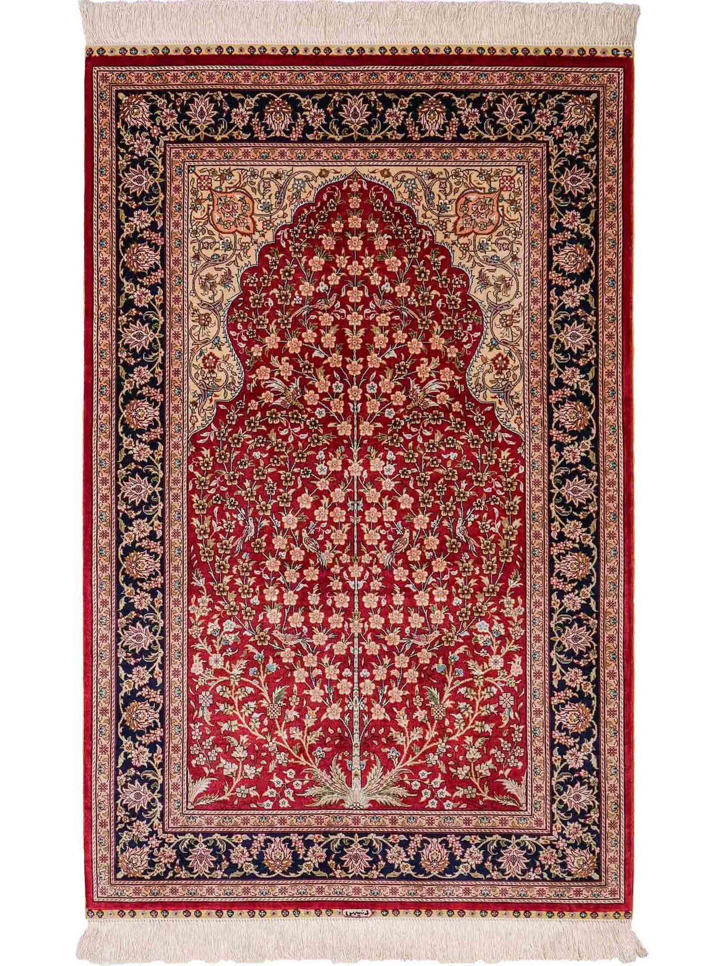 Sehr feiner, handgeknüpfter Khademi Orientteppich mit Hereke Design aus reiner Seide, rot, blau, creme. 124x79 cm. Vertrieb durch Jupiter Intl.