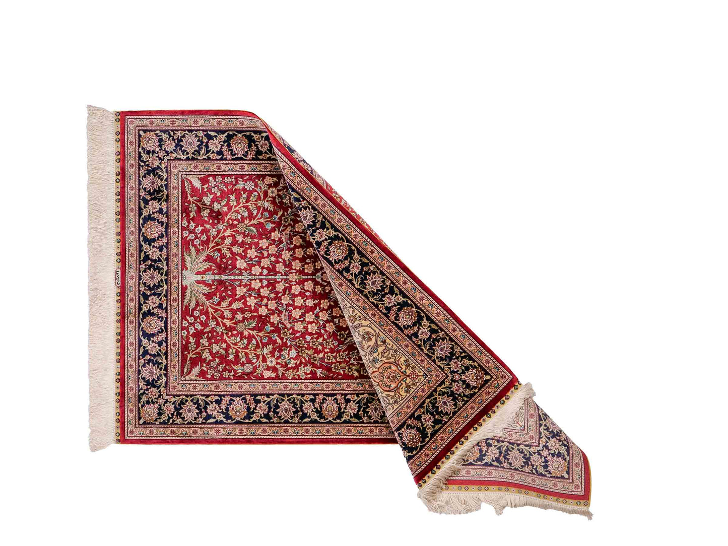 Sehr feiner, handgeknüpfter Khademi Orientteppich mit Hereke Design aus reiner Seide, rot, blau, creme. 124x79 cm. Vertrieb durch Jupiter Intl.