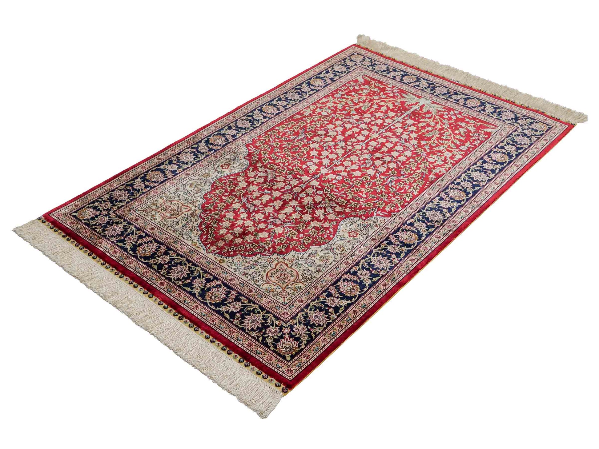 Sehr feiner, handgeknüpfter Khademi Orientteppich mit Hereke Design aus reiner Seide, rot, blau, creme. 124x79 cm. Vertrieb durch Jupiter Intl.