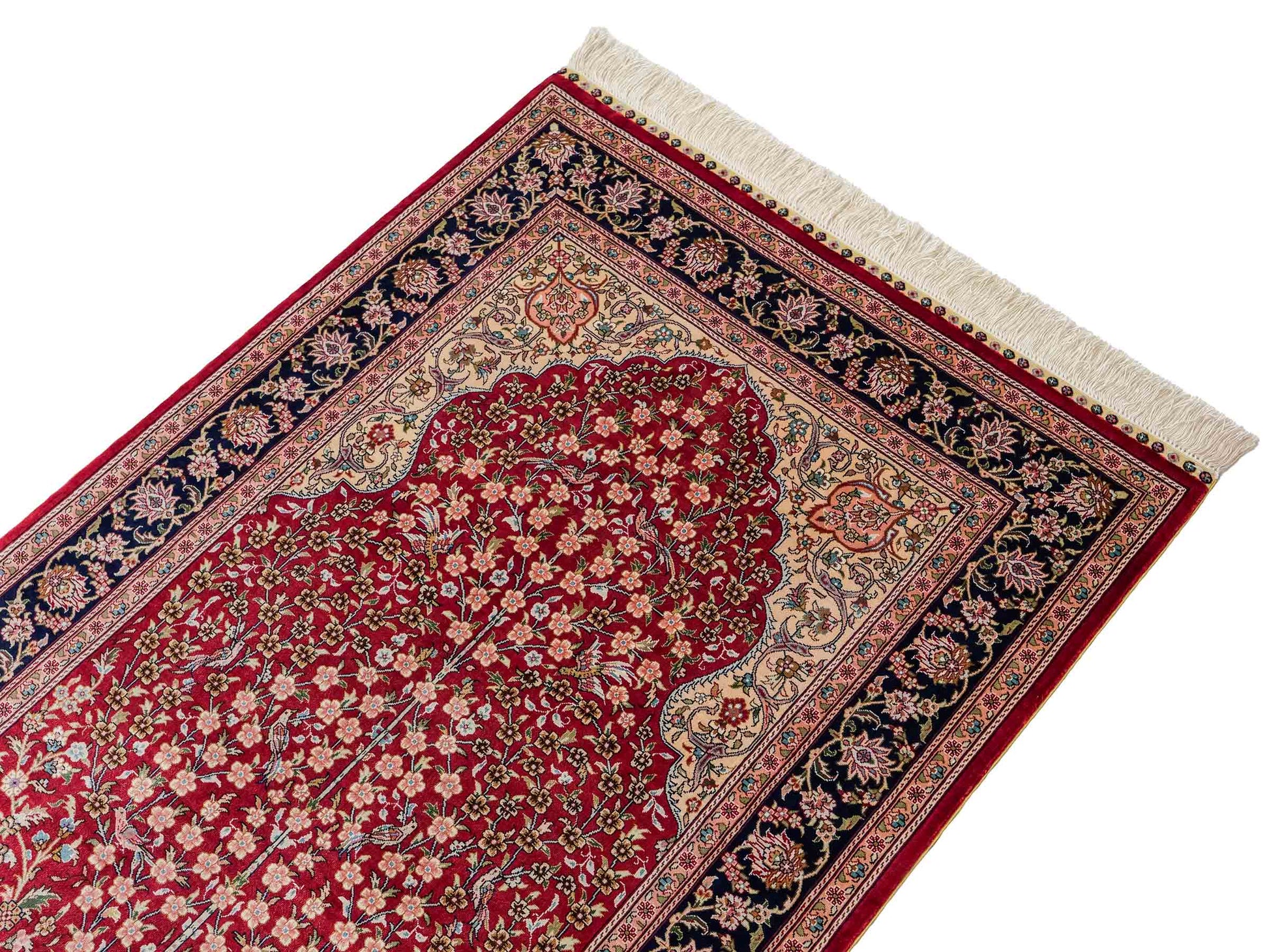 Sehr feiner, handgeknüpfter Khademi Orientteppich mit Hereke Design aus reiner Seide, rot, blau, creme. 124x79 cm. Vertrieb durch Jupiter Intl.