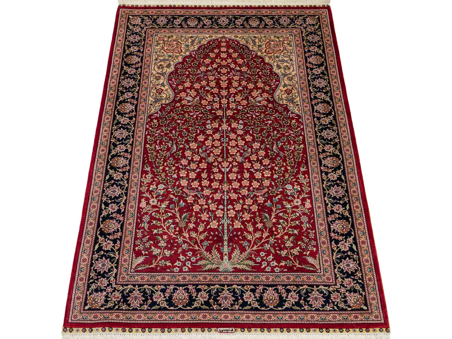 Sehr feiner, handgeknüpfter Khademi Orientteppich mit Hereke Design aus reiner Seide, rot, blau, creme. 124x79 cm. Vertrieb durch Jupiter Intl.