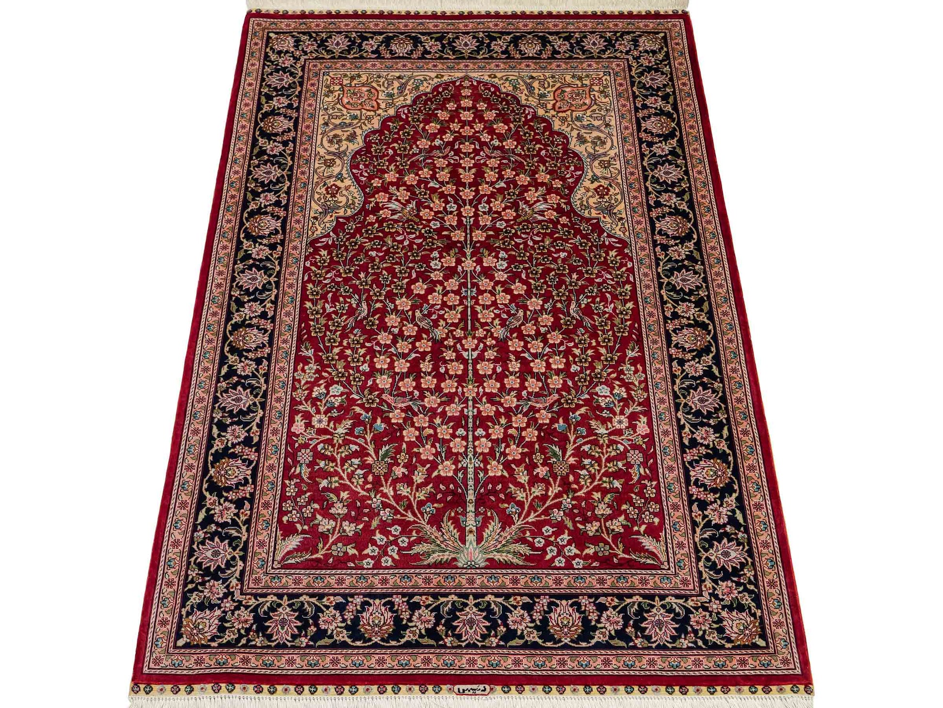 Sehr feiner, handgeknüpfter Khademi Orientteppich mit Hereke Design aus reiner Seide, rot, blau, creme. 124x79 cm. Vertrieb durch Jupiter Intl.