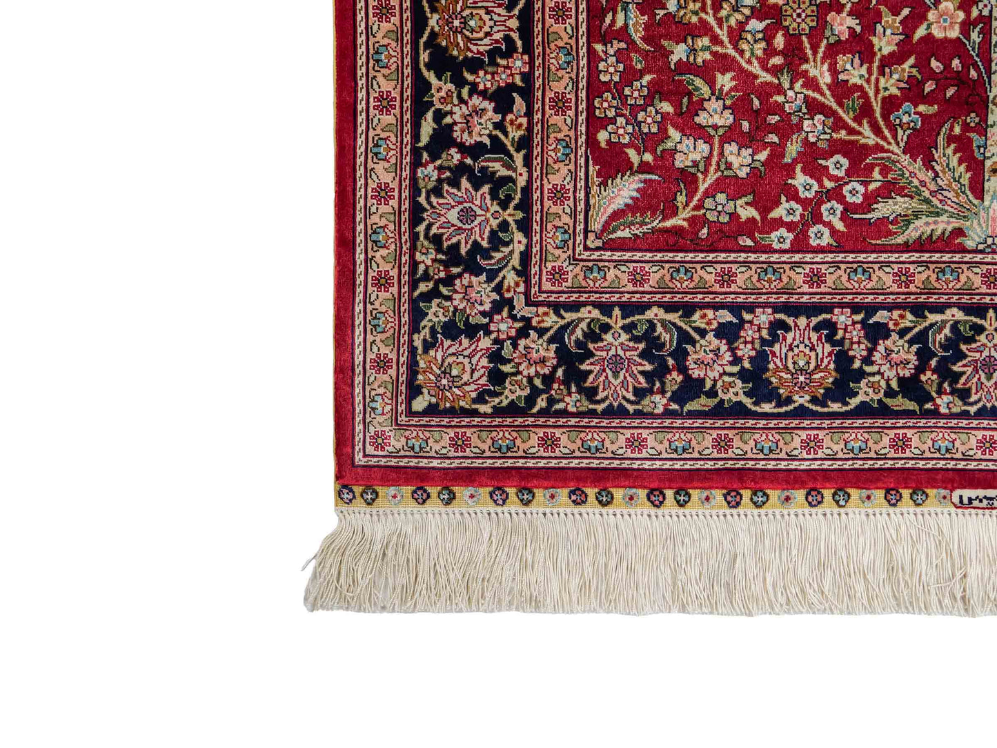 Sehr feiner, handgeknüpfter Khademi Orientteppich mit Hereke Design aus reiner Seide, rot, blau, creme. 124x79 cm. Vertrieb durch Jupiter Intl.
