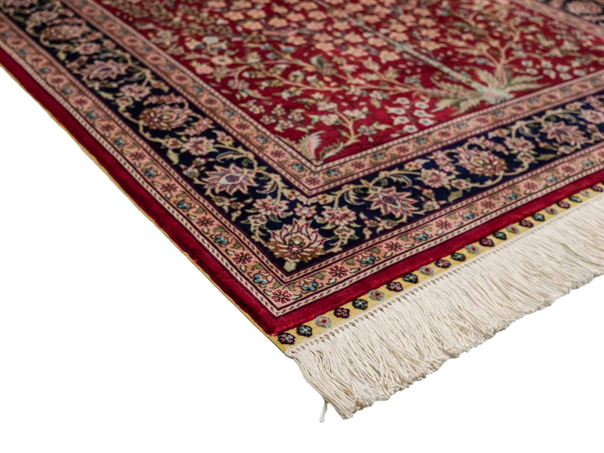 Sehr feiner, handgeknüpfter Khademi Orientteppich mit Hereke Design aus reiner Seide, rot, blau, creme. 124x79 cm. Vertrieb durch Jupiter Intl.