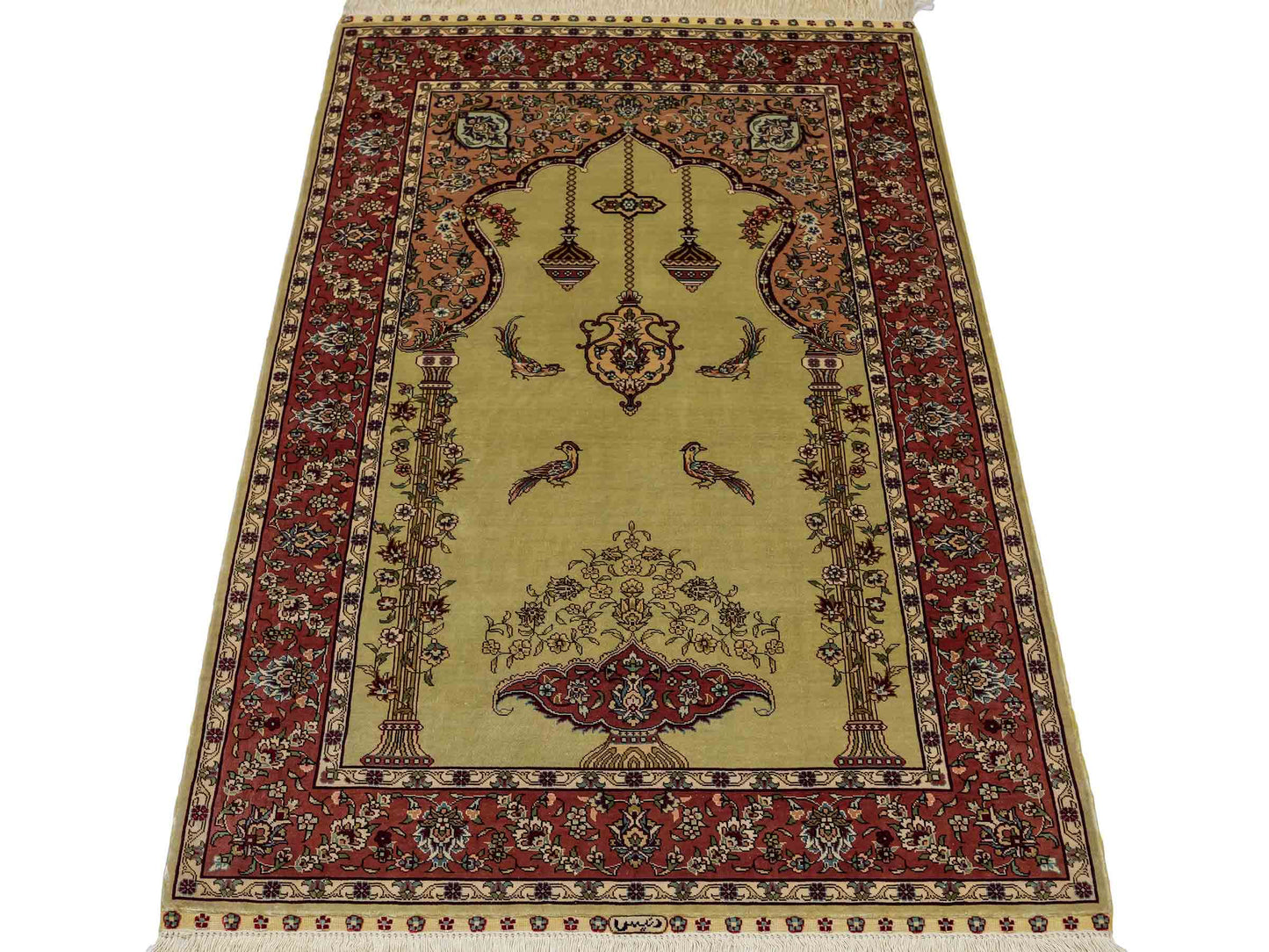 Sehr feiner, handgeknüpfter Khademi Orientteppich mit Hereke Design aus reiner Seide, rosa, grün. 124x79 cm. Vertrieb durch Jupiter Intl.
