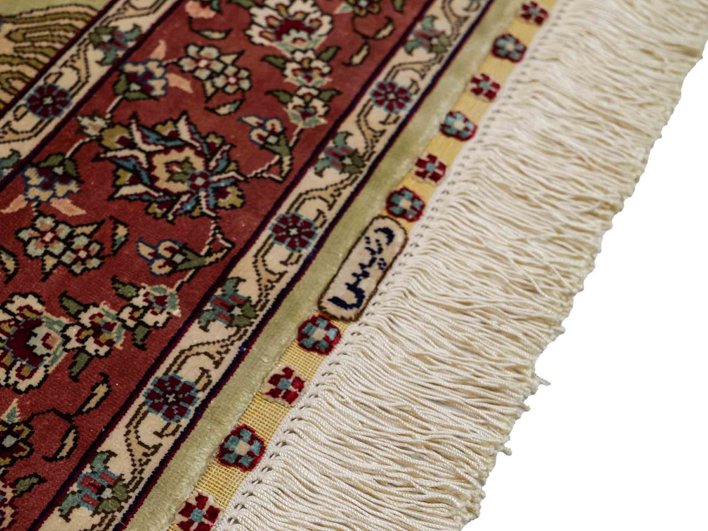 Sehr feiner, handgeknüpfter Khademi Orientteppich mit Hereke Design aus reiner Seide, rosa, grün. 124x79 cm. Vertrieb durch Jupiter Intl.