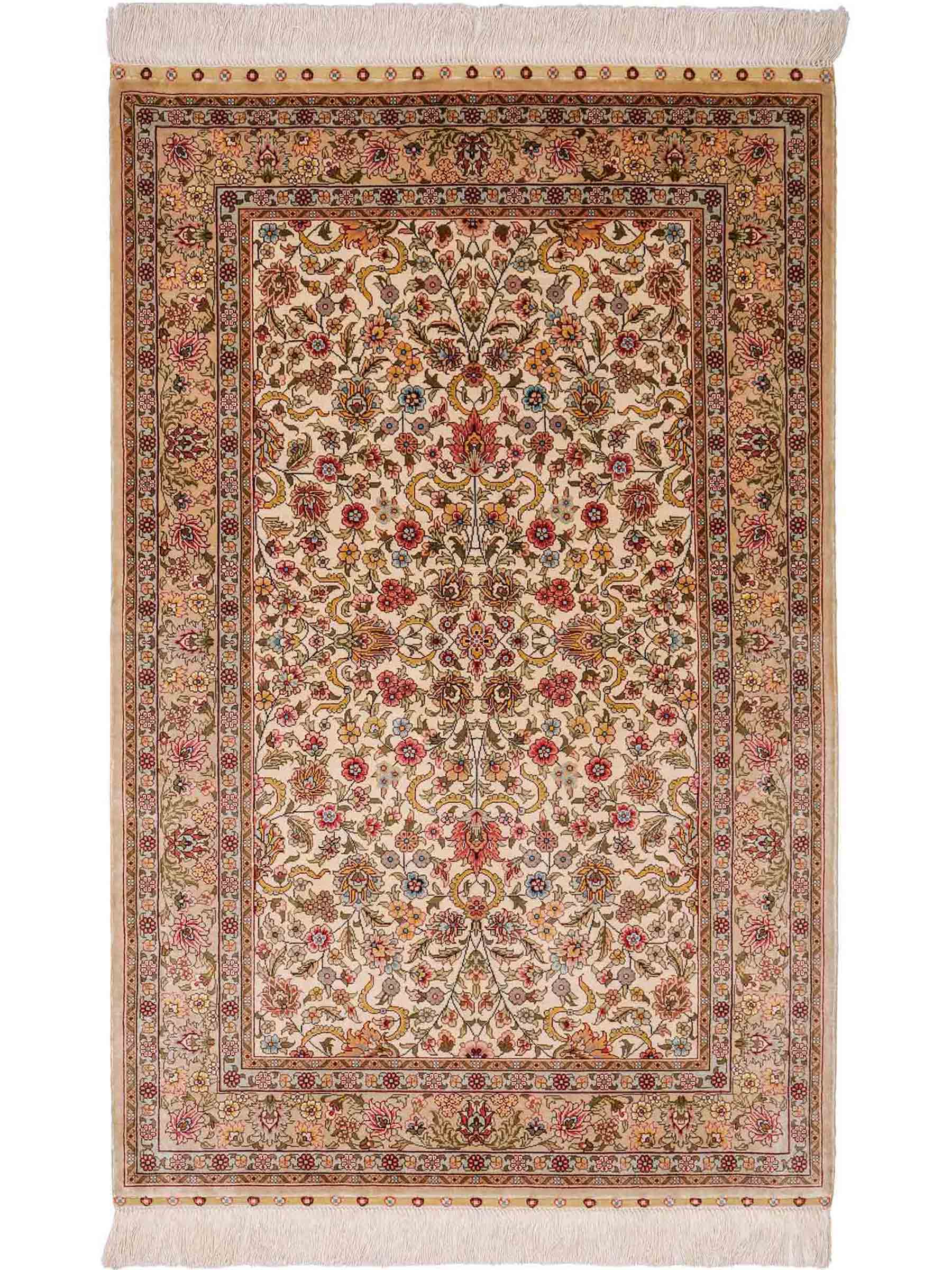 Sehr feiner, handgeknüpfter Khademi Orientteppich mit Hereke Design aus reiner Seide, beige, creme, weiß. 125x79 cm. Vertrieb durch Jupiter Intl.
