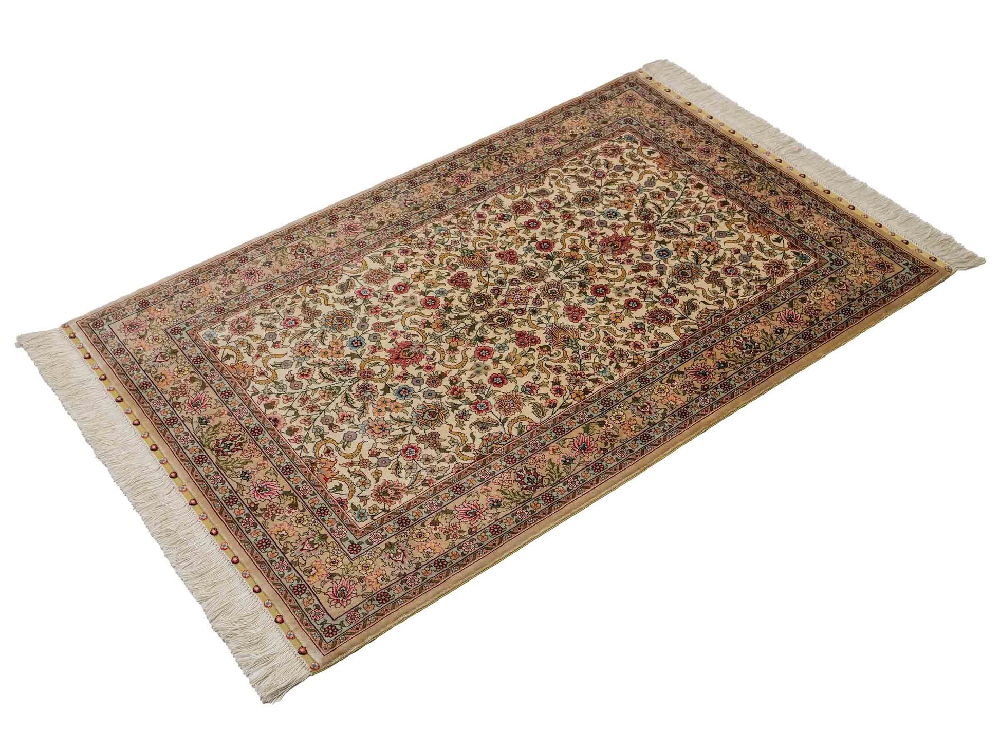 Sehr feiner, handgeknüpfter Khademi Orientteppich mit Hereke Design aus reiner Seide, beige, creme, weiß. 125x79 cm. Vertrieb durch Jupiter Intl.