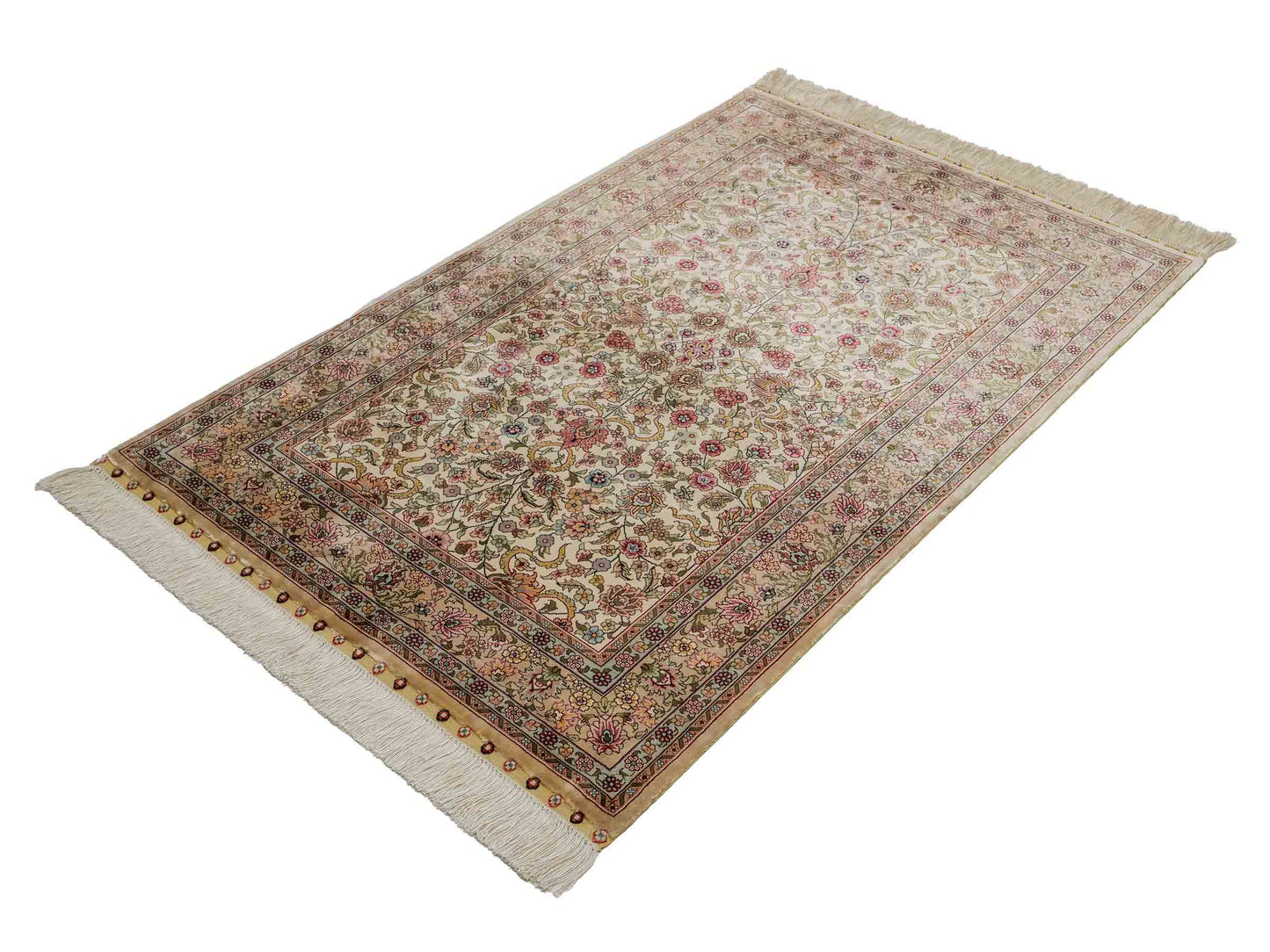 Sehr feiner, handgeknüpfter Khademi Orientteppich mit Hereke Design aus reiner Seide, beige, creme, weiß. 125x79 cm. Vertrieb durch Jupiter Intl.